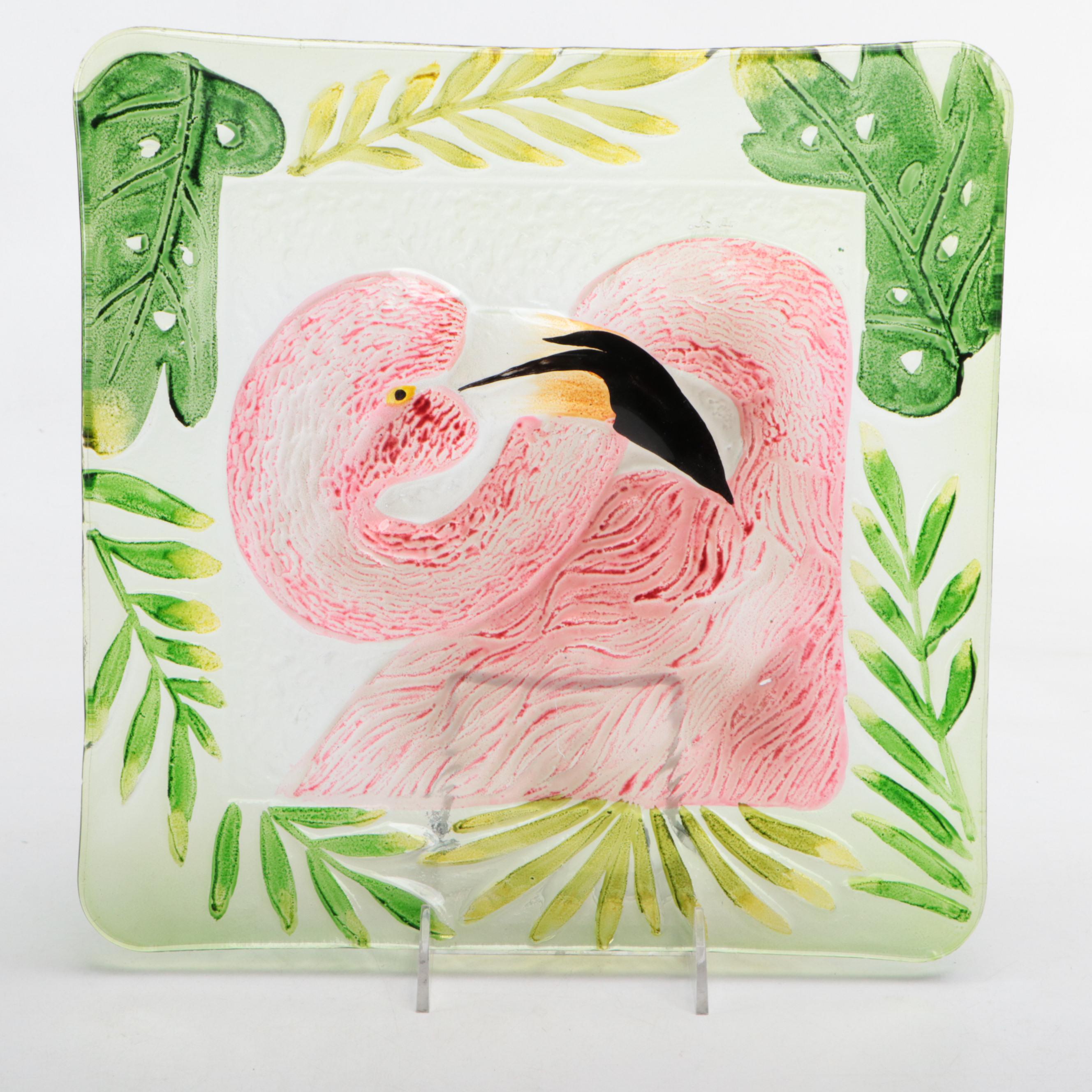 Napco and Other Mid Century Modern Ceramic Flamingo Figurines with Glass Plate