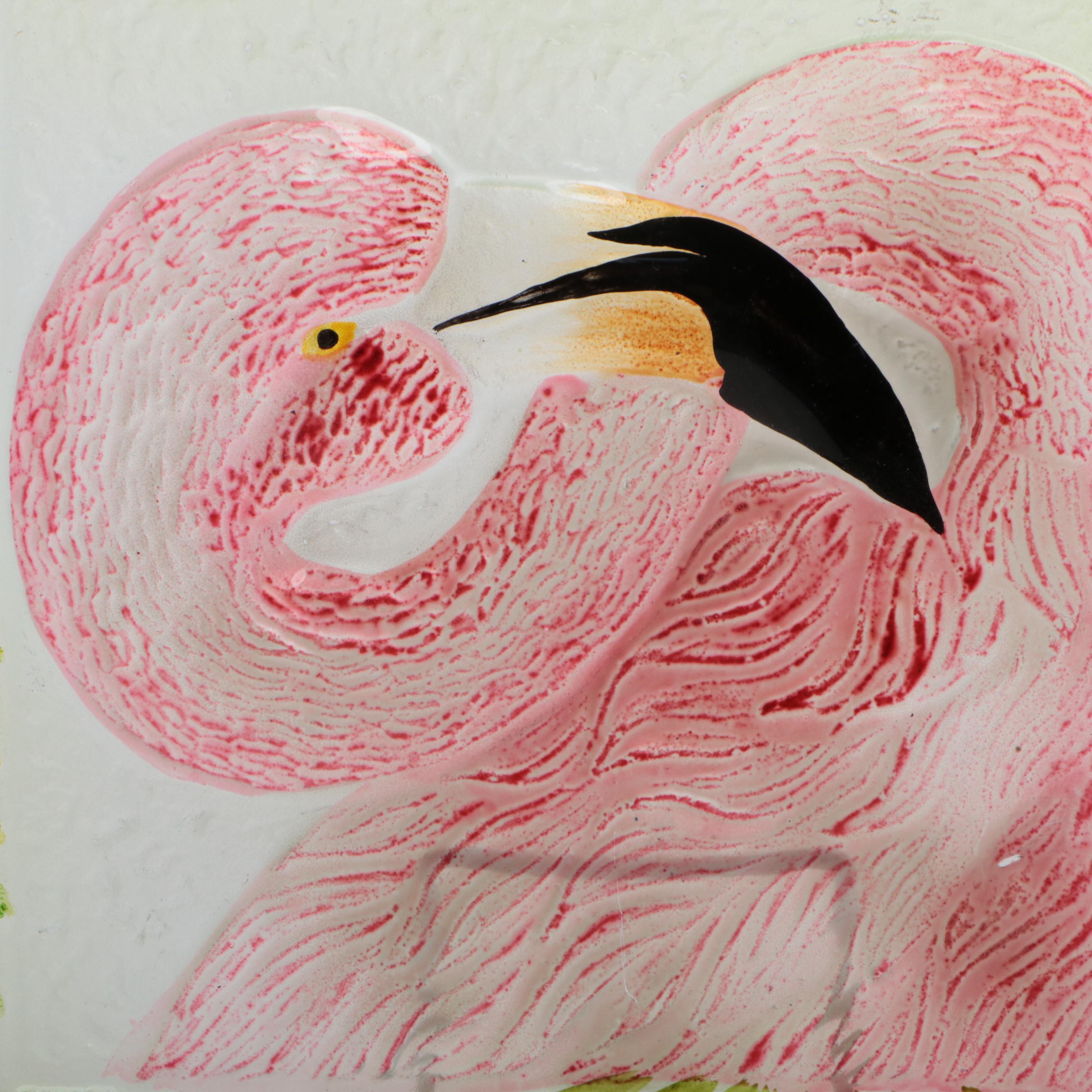 Napco and Other Mid Century Modern Ceramic Flamingo Figurines with Glass Plate