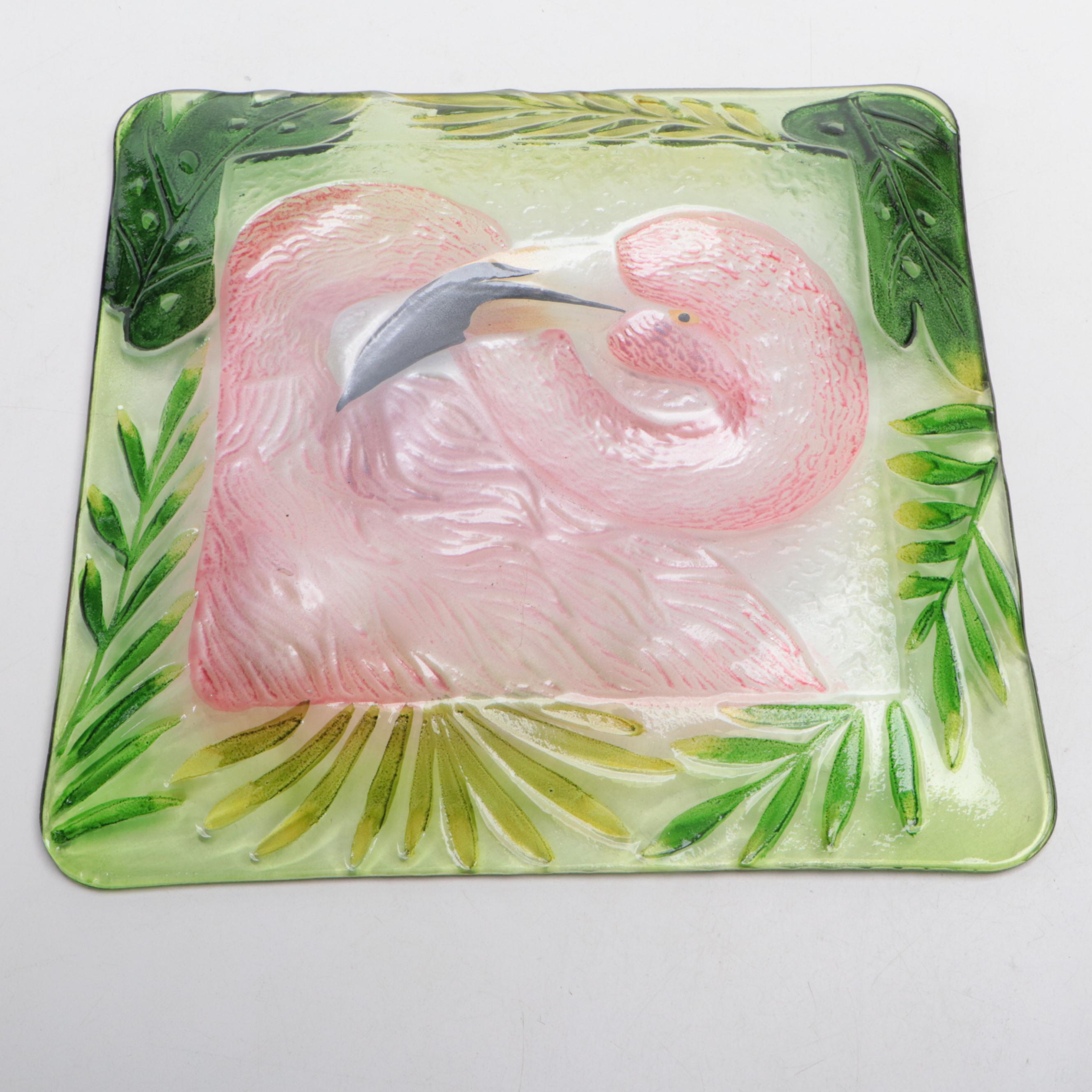 Napco and Other Mid Century Modern Ceramic Flamingo Figurines with Glass Plate