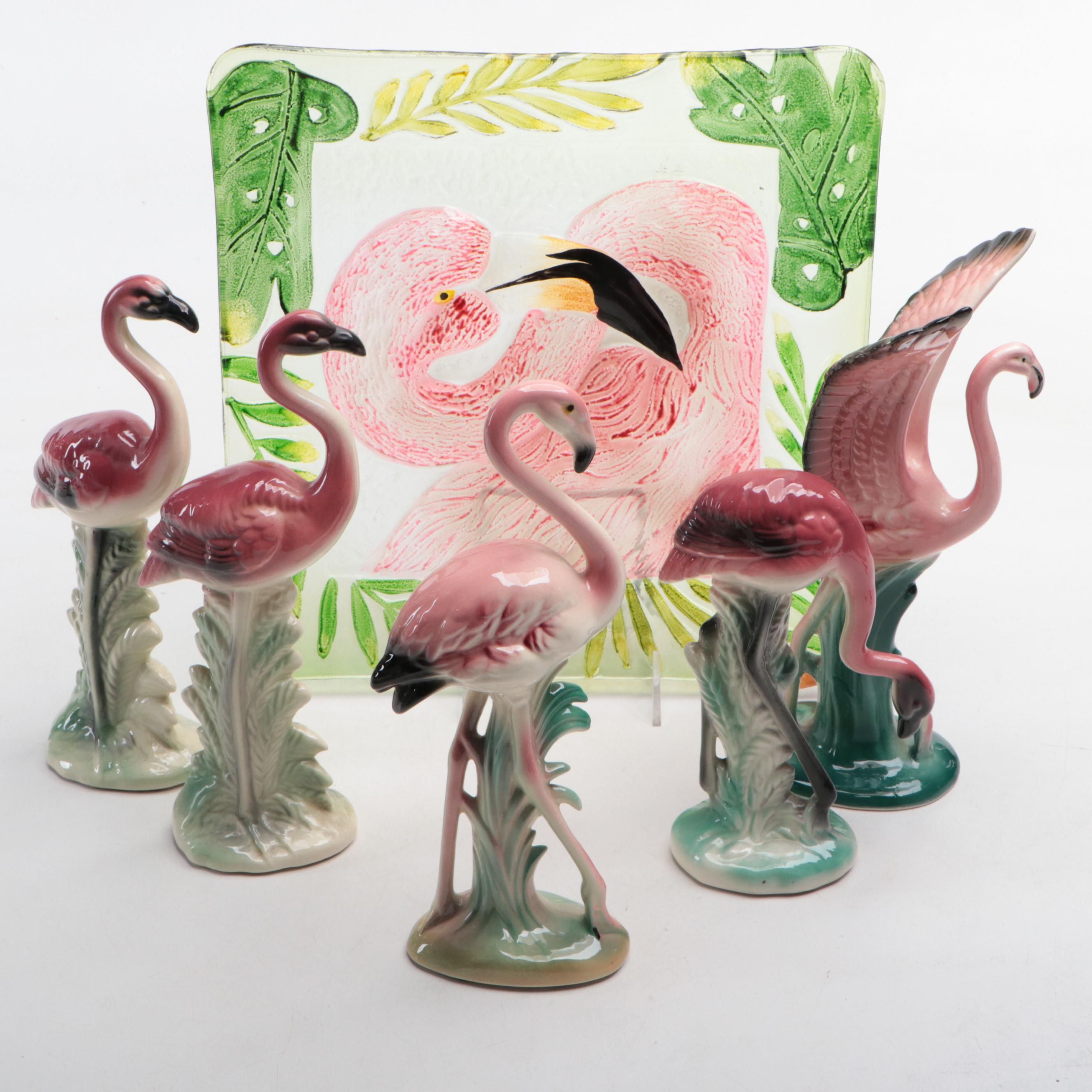 Napco and Other Mid Century Modern Ceramic Flamingo Figurines with Glass Plate