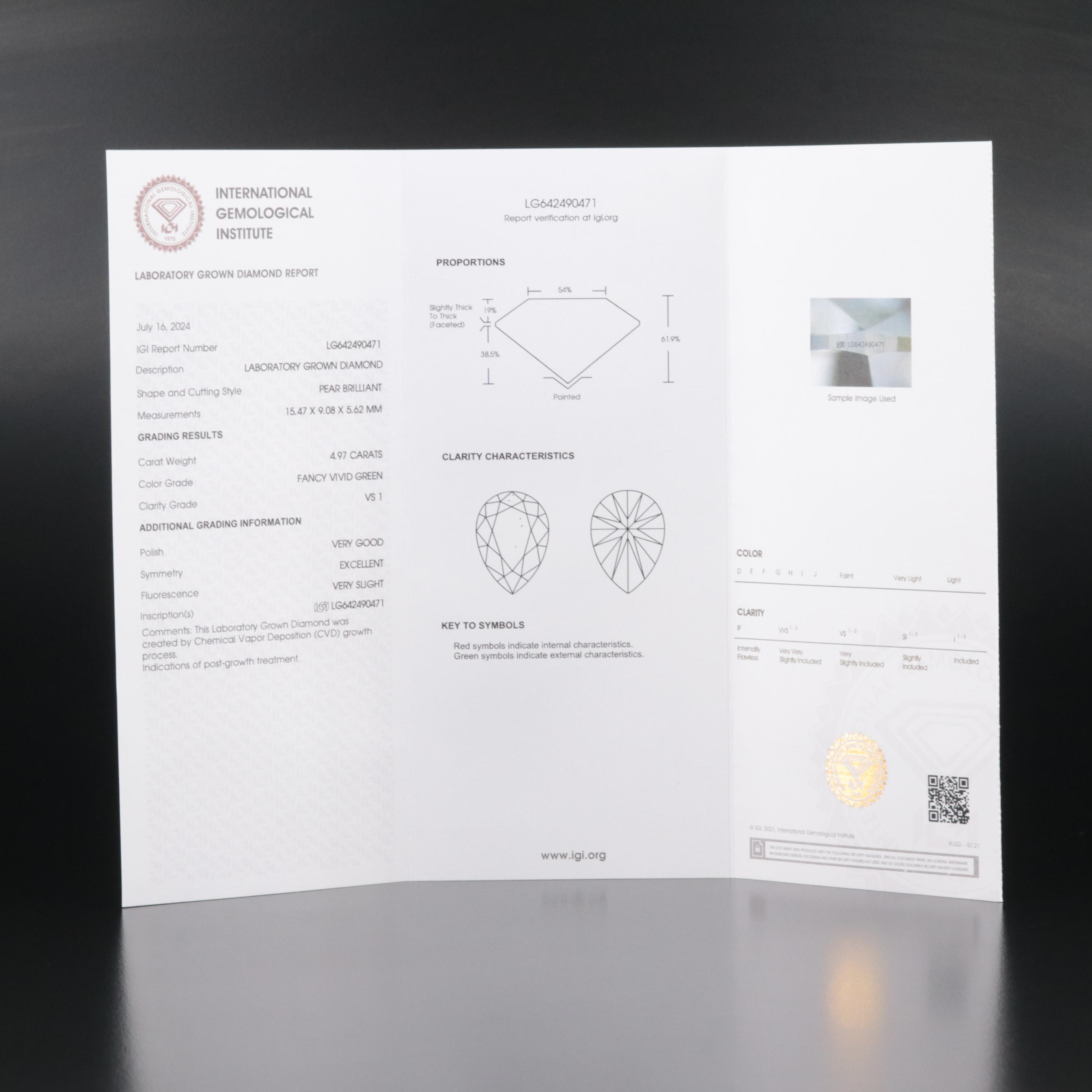 Loose 4.97 CT Lab Grown Fancy Vivid Green Diamond with IGI Report