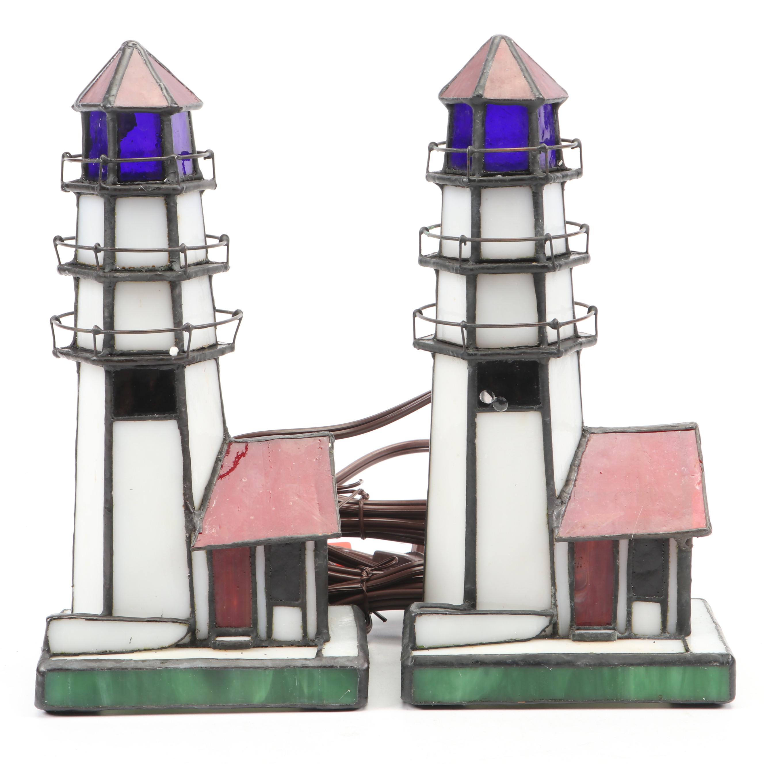 Stained Glass and Slag Glass Lighthouse Table Lamp with More