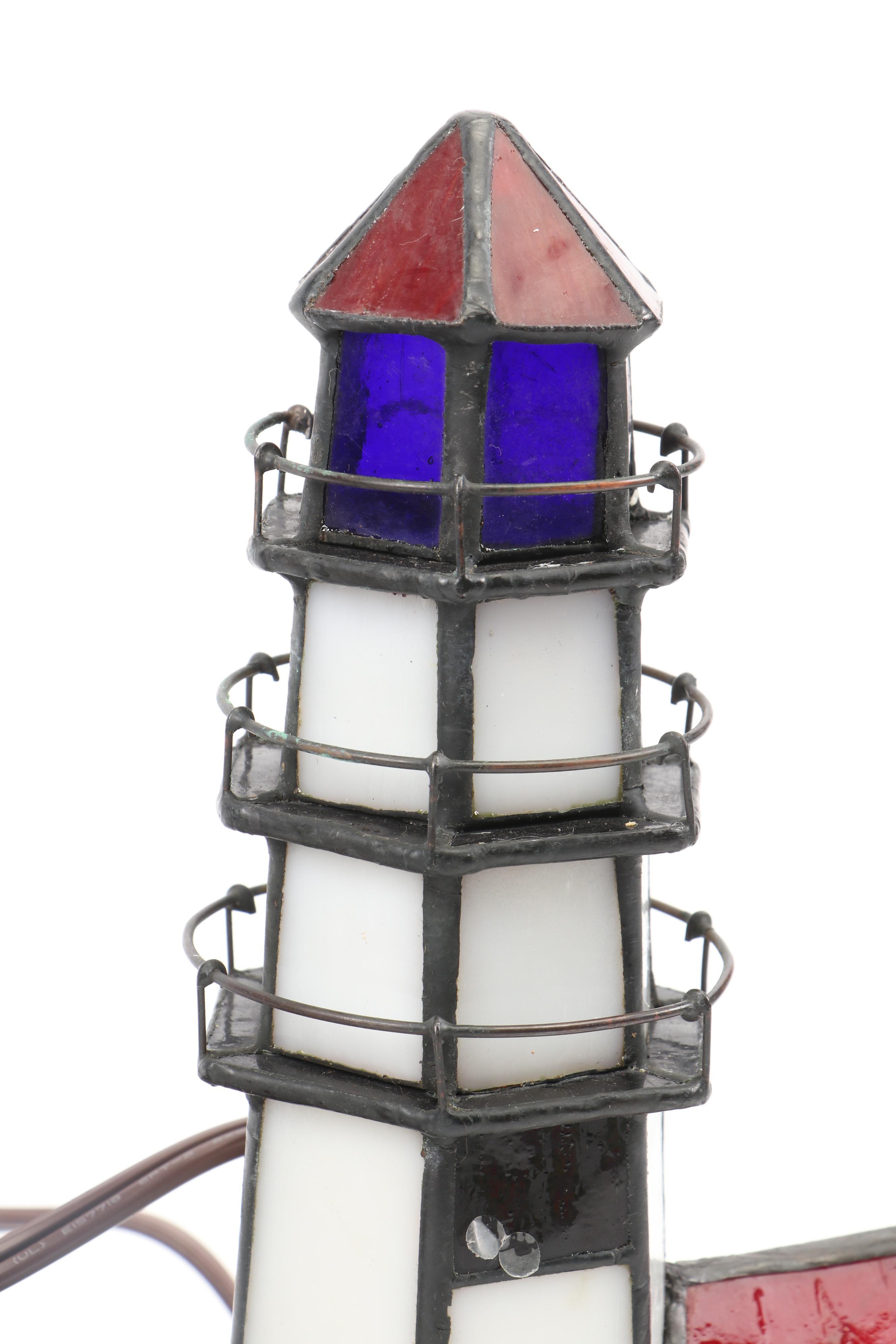 Stained Glass and Slag Glass Lighthouse Table Lamp with More