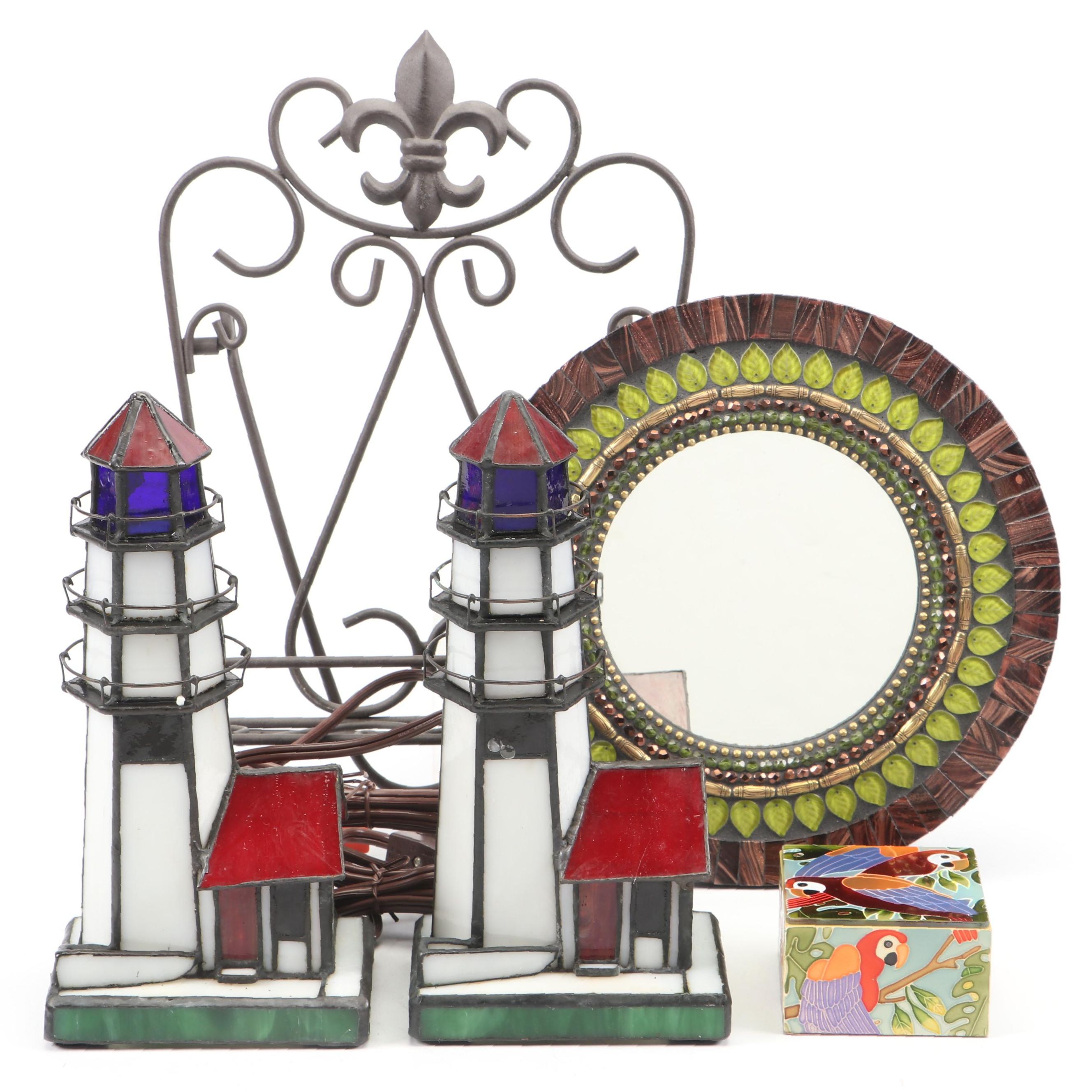 Stained Glass and Slag Glass Lighthouse Table Lamp with More