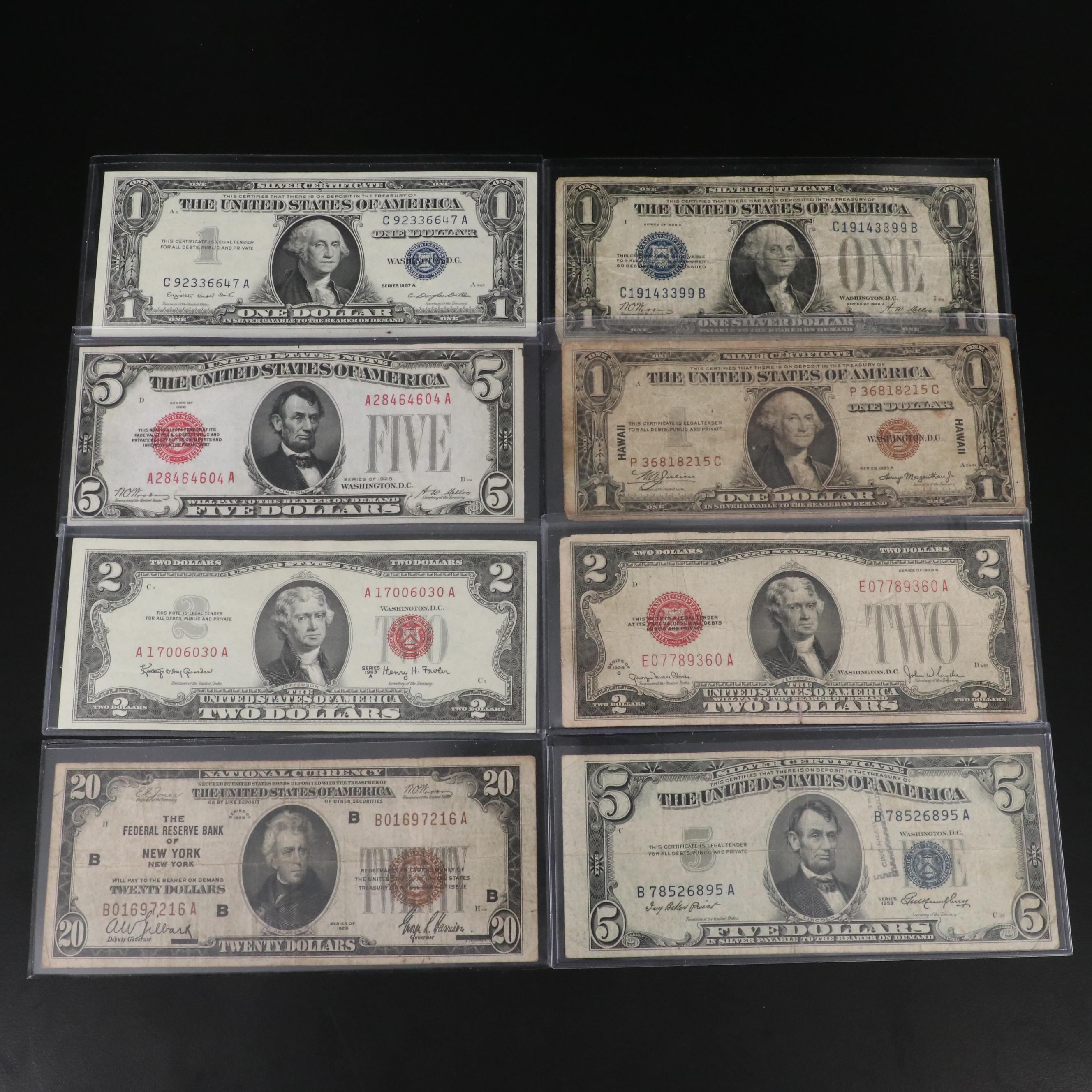 8 Different U.S. Currency Notes and a 1935 Hawaii One Dollar Silver Certificate