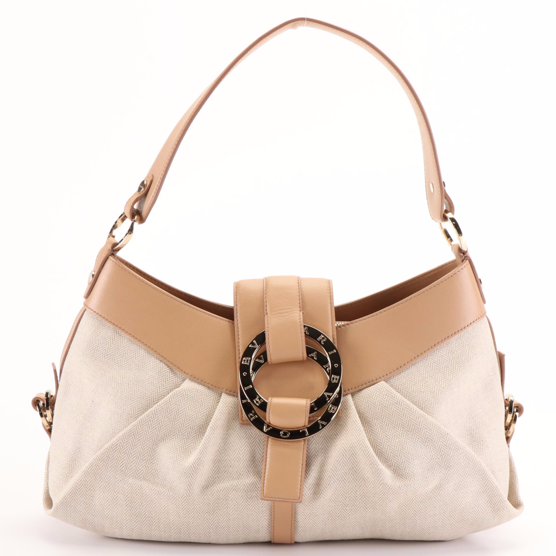 BVLGARI Double Ring Chandra Bag in Chevron Canvas and Tan Leather