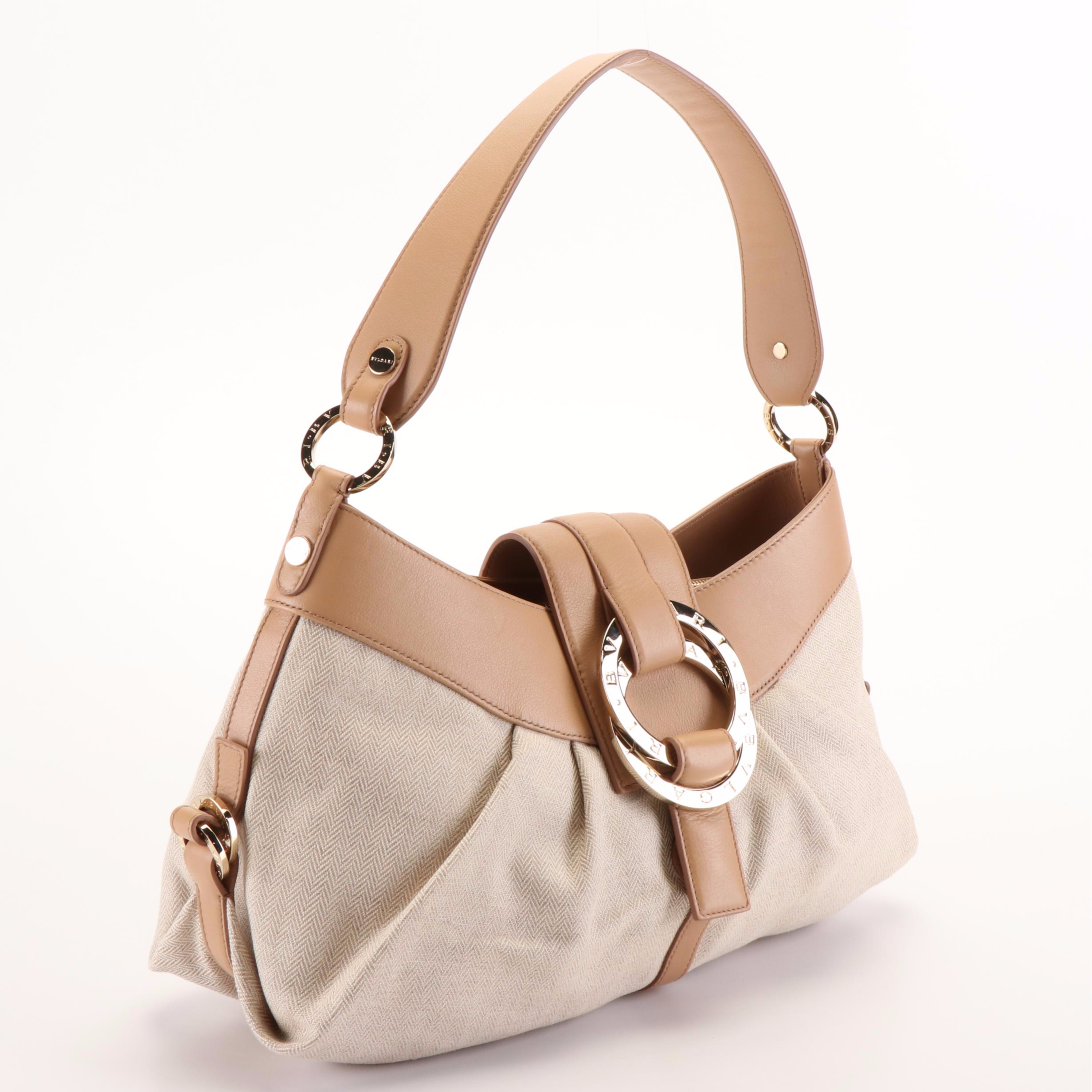 BVLGARI Double Ring Chandra Bag in Chevron Canvas and Tan Leather