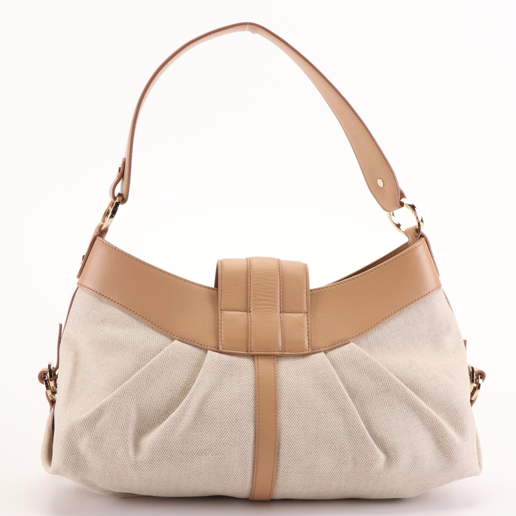 BVLGARI Double Ring Chandra Bag in Chevron Canvas and Tan Leather
