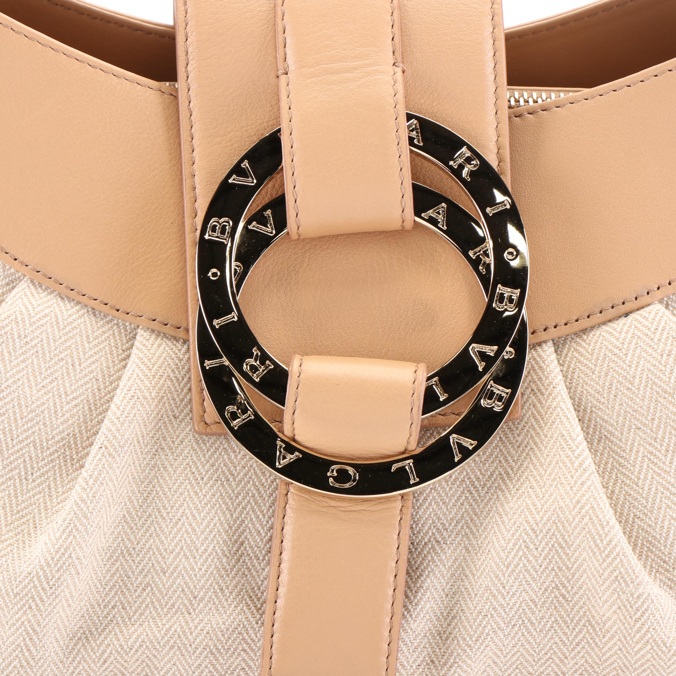 BVLGARI Double Ring Chandra Bag in Chevron Canvas and Tan Leather