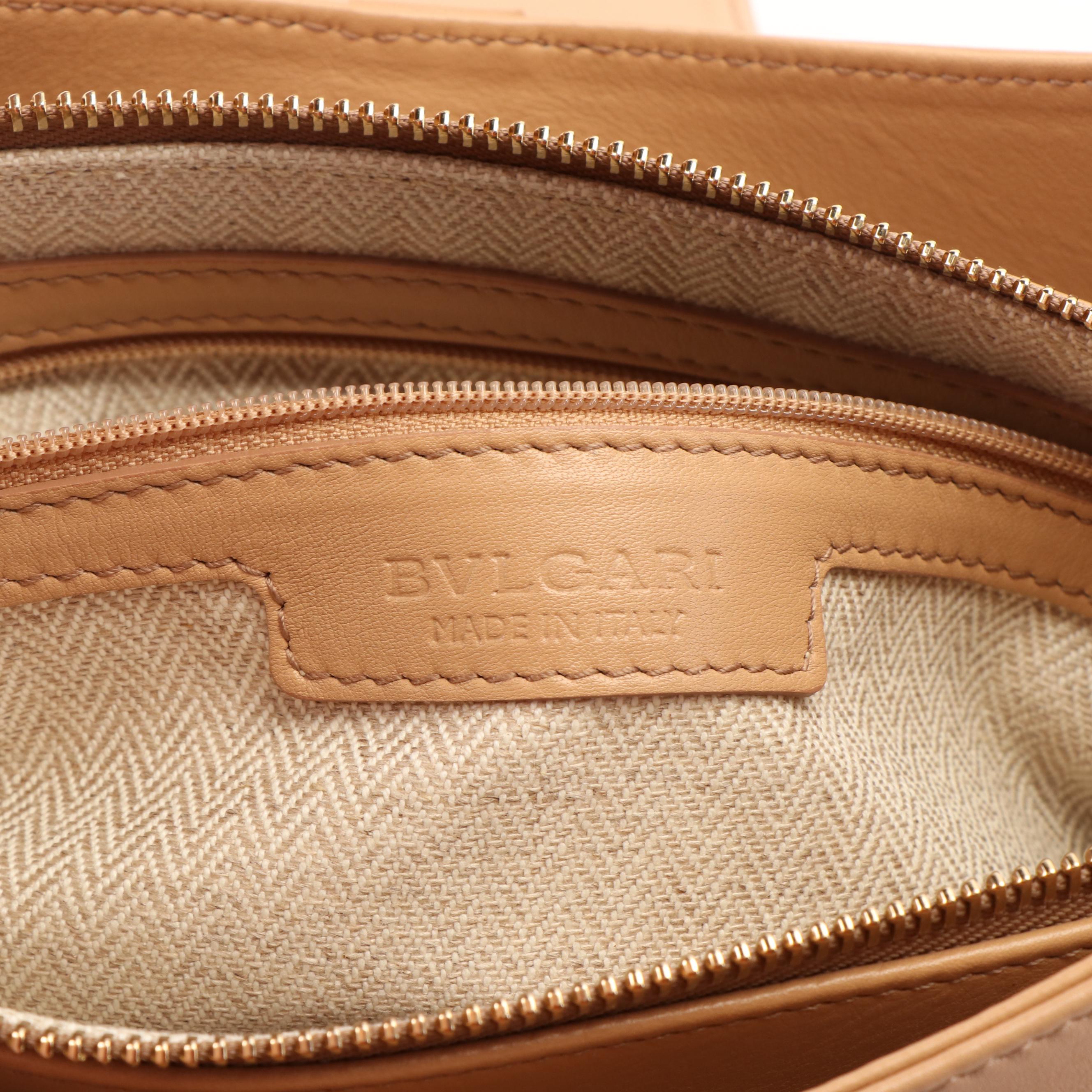 BVLGARI Double Ring Chandra Bag in Chevron Canvas and Tan Leather