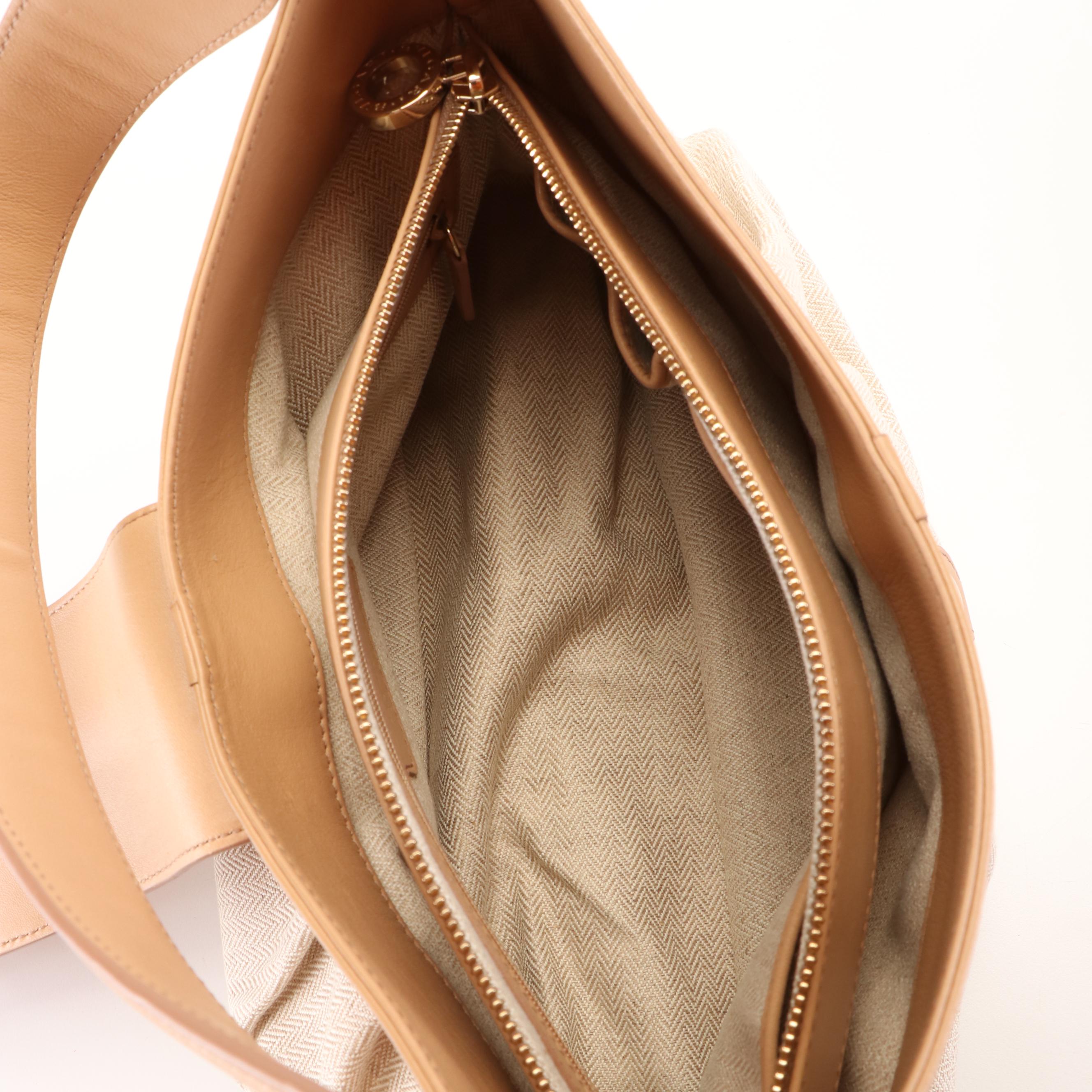 BVLGARI Double Ring Chandra Bag in Chevron Canvas and Tan Leather