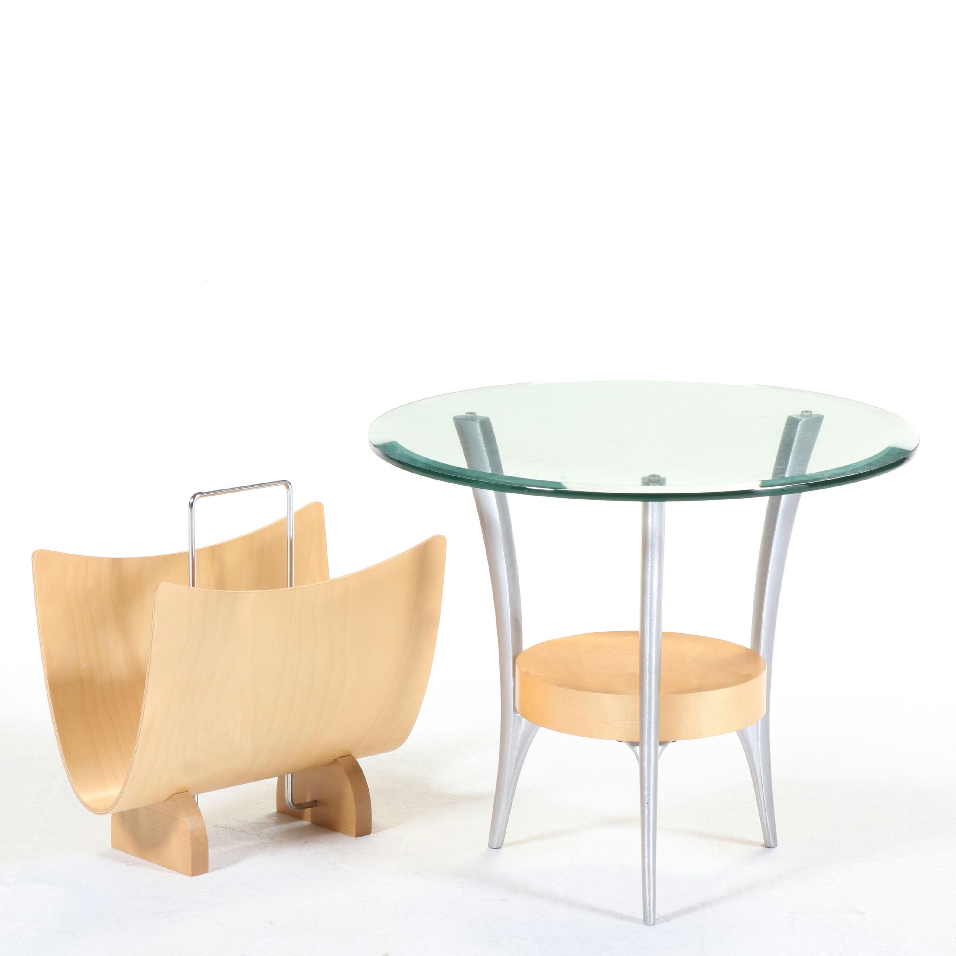 Modernist Style Brushed Metal, Birch, and Glass Top Side Table and Magazine Rack