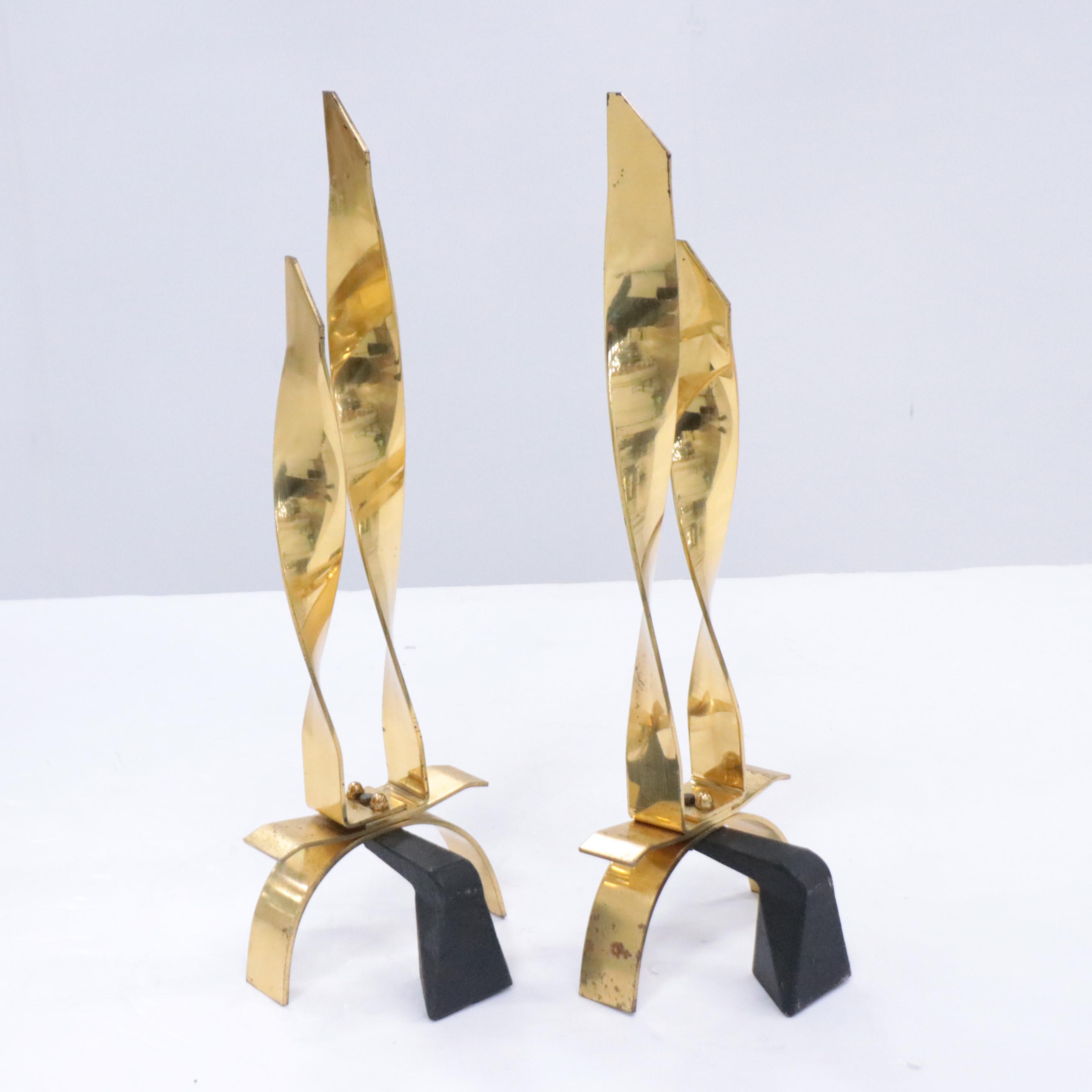 Cast Iron and Brass Ribbon Fireplace Andirons, Late 20th Century