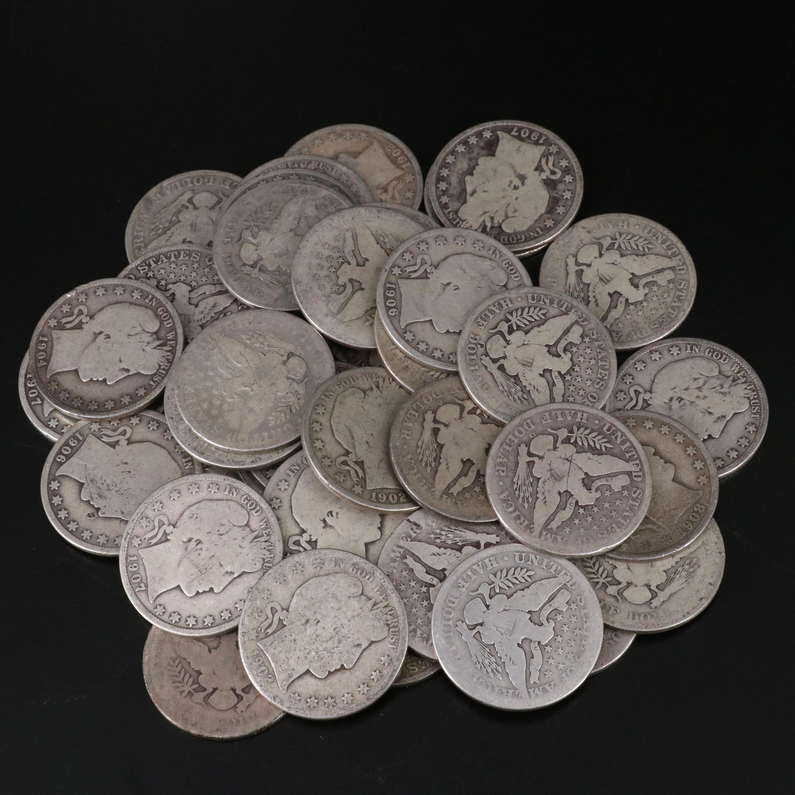 Group of Forty-Four Silver Barber Half Dollars Including Dates from 1895-1912