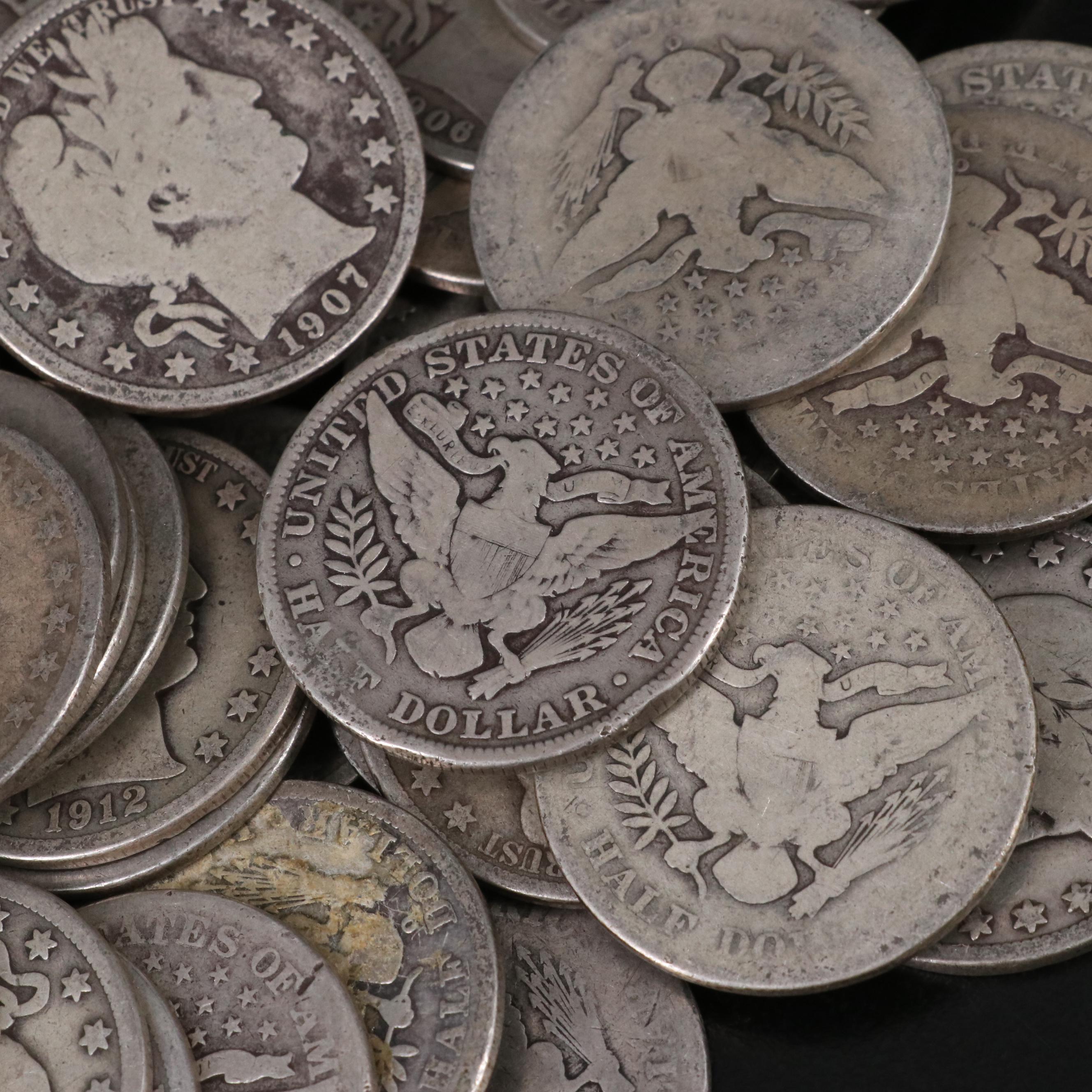 Group of Forty-Four Silver Barber Half Dollars Including Dates from 1895-1912