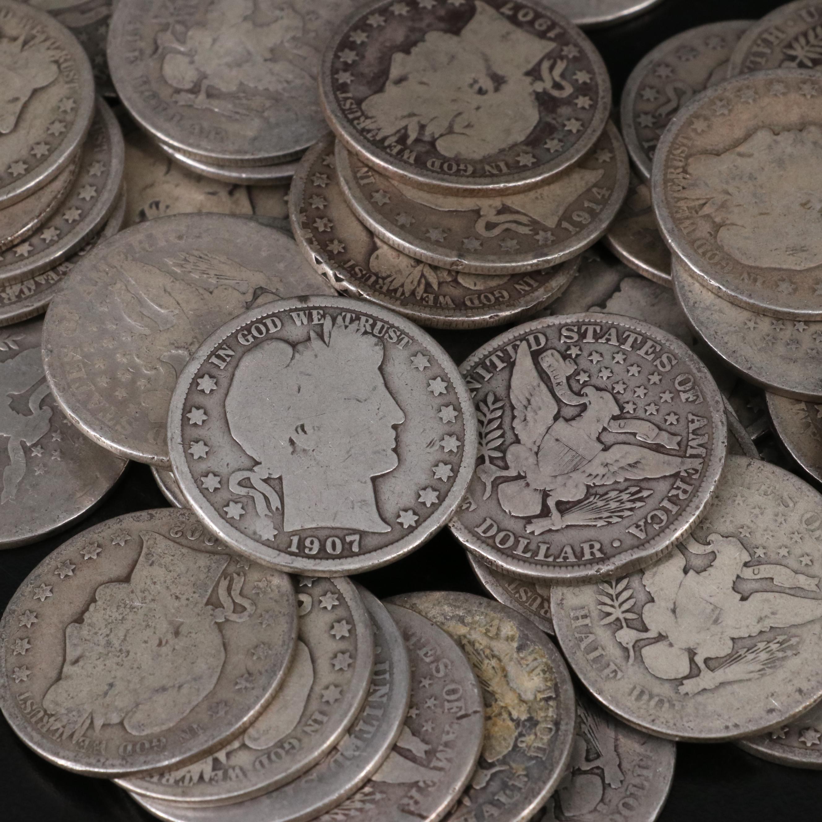 Group of Forty-Four Silver Barber Half Dollars Including Dates from 1895-1912