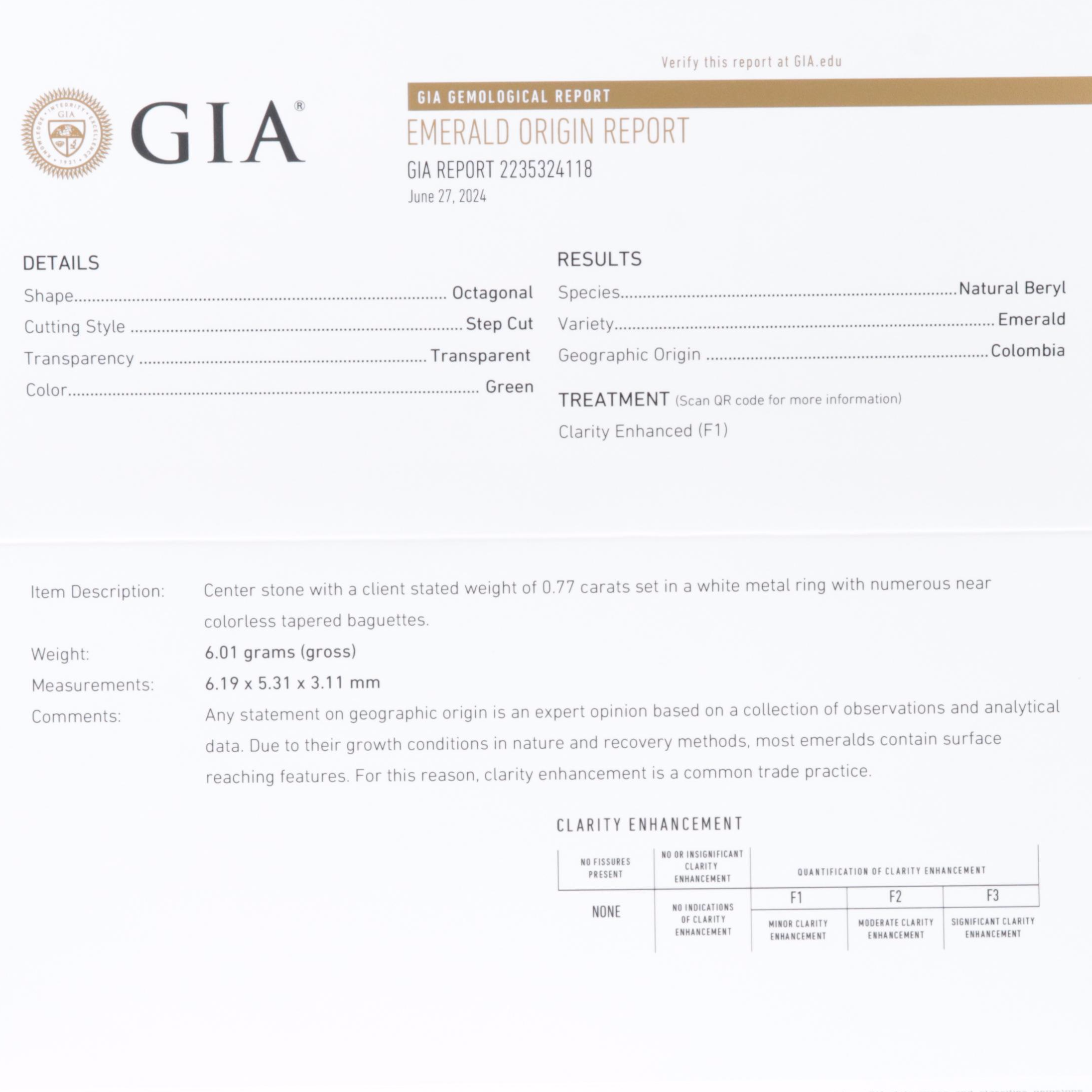 Platinum F1 Colombian Emerald and Diamond Ballerina Ring with a GIA Report