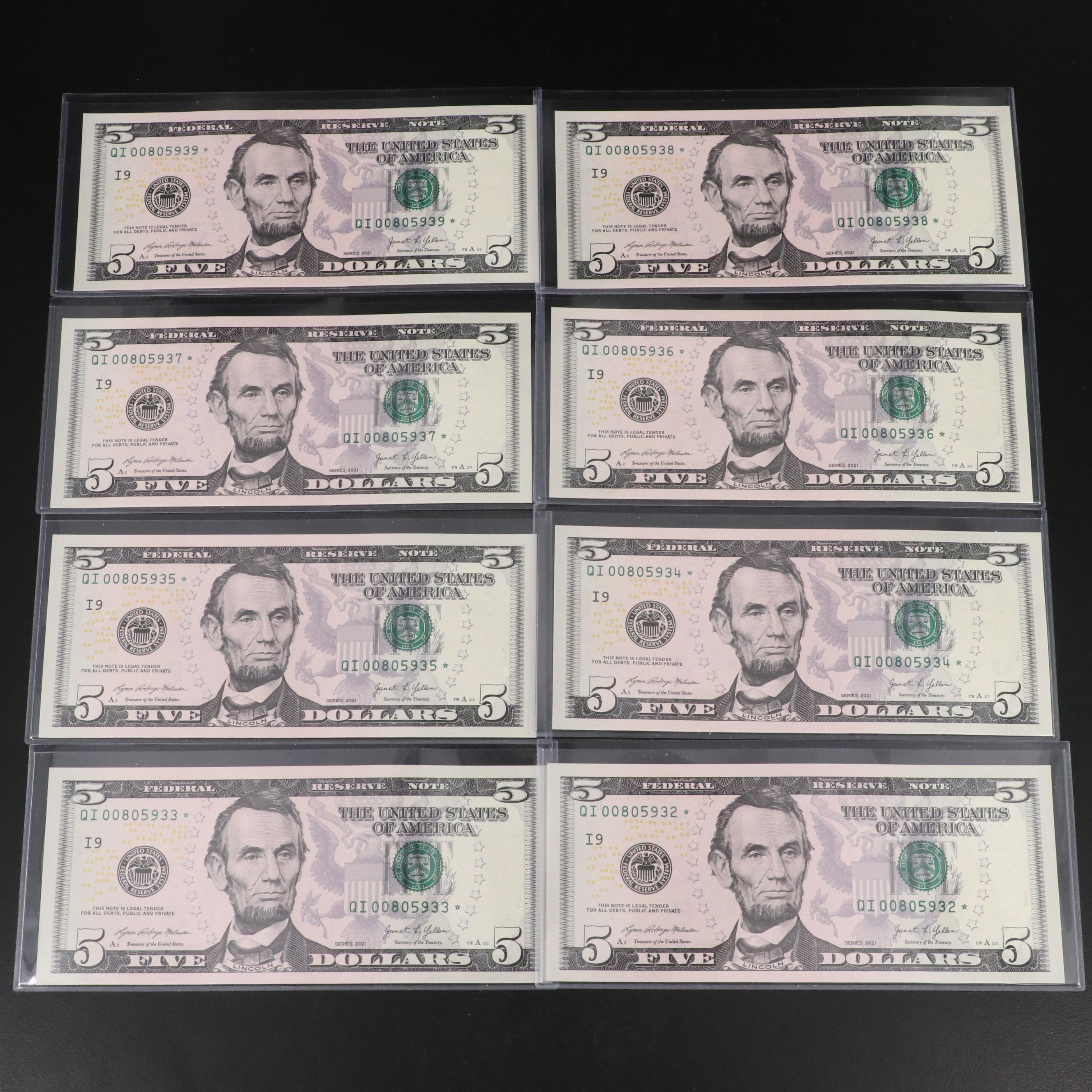 Eight 2021 Federal Reserve Five Dollar Star Notes w/ Consecutive Serial Numbers