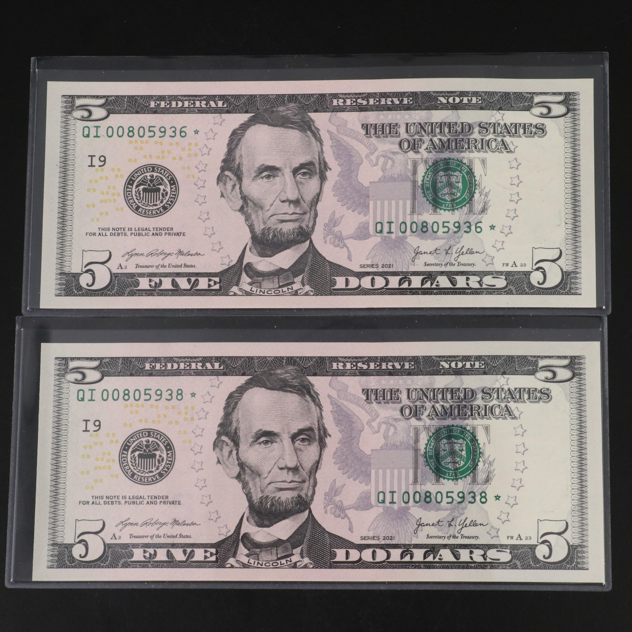 Eight 2021 Federal Reserve Five Dollar Star Notes w/ Consecutive Serial Numbers