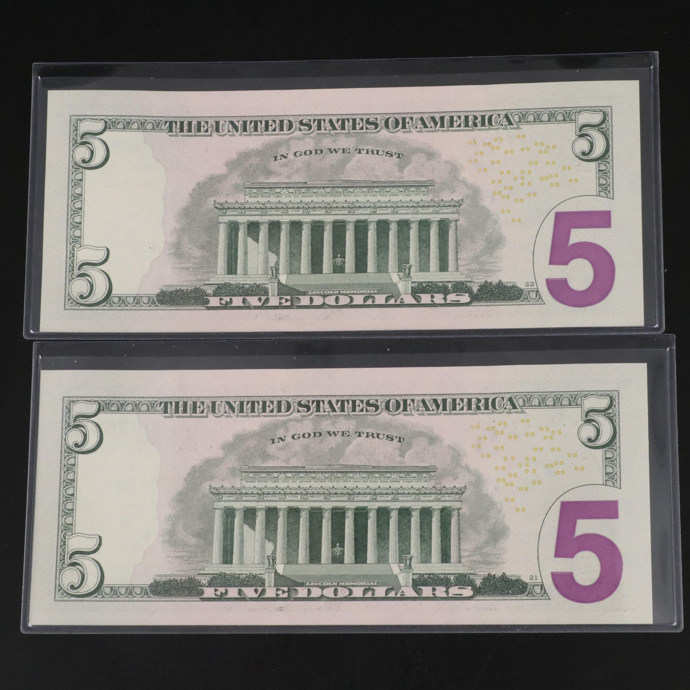 Eight 2021 Federal Reserve Five Dollar Star Notes w/ Consecutive Serial Numbers