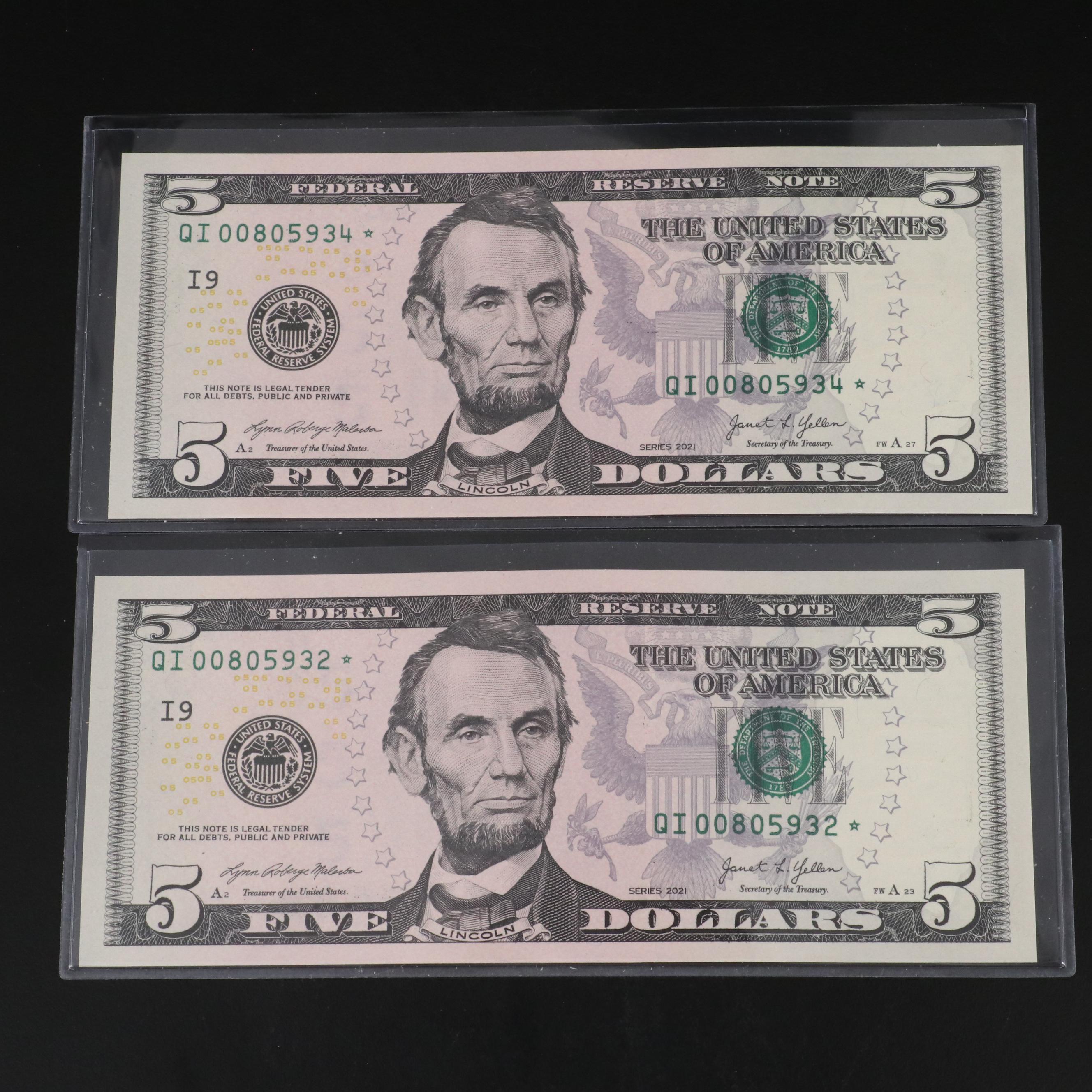 Eight 2021 Federal Reserve Five Dollar Star Notes w/ Consecutive Serial Numbers