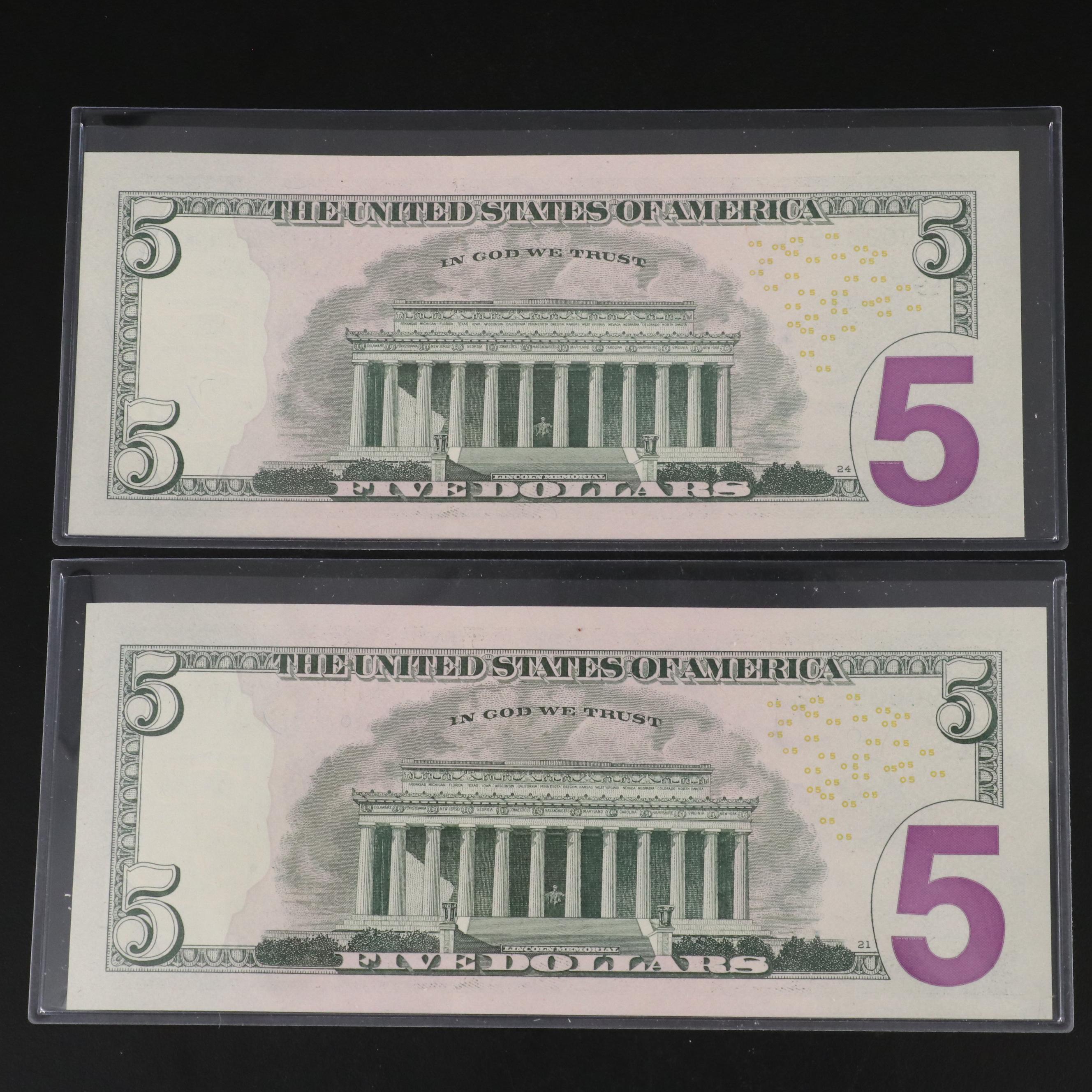 Eight 2021 Federal Reserve Five Dollar Star Notes w/ Consecutive Serial Numbers