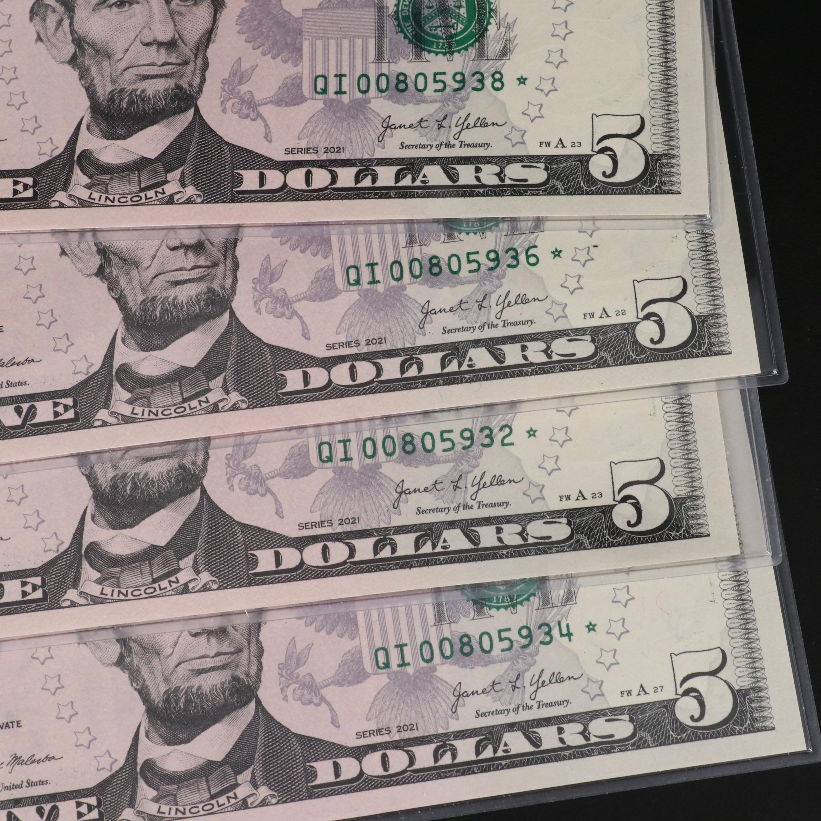 Eight 2021 Federal Reserve Five Dollar Star Notes w/ Consecutive Serial Numbers