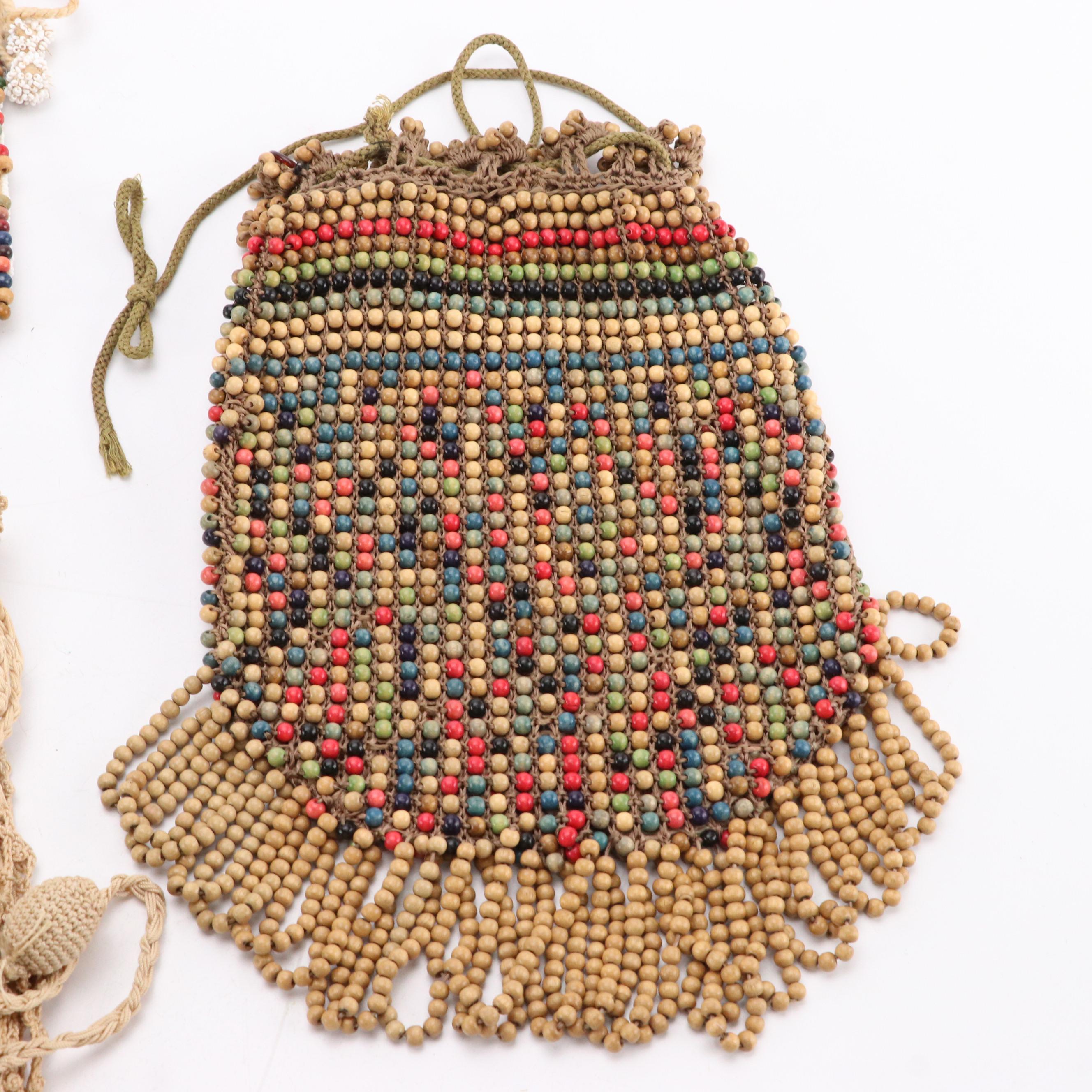 Vintage Wooden Bead Embellished and Crochet Lace Drawstring Pouch Bags