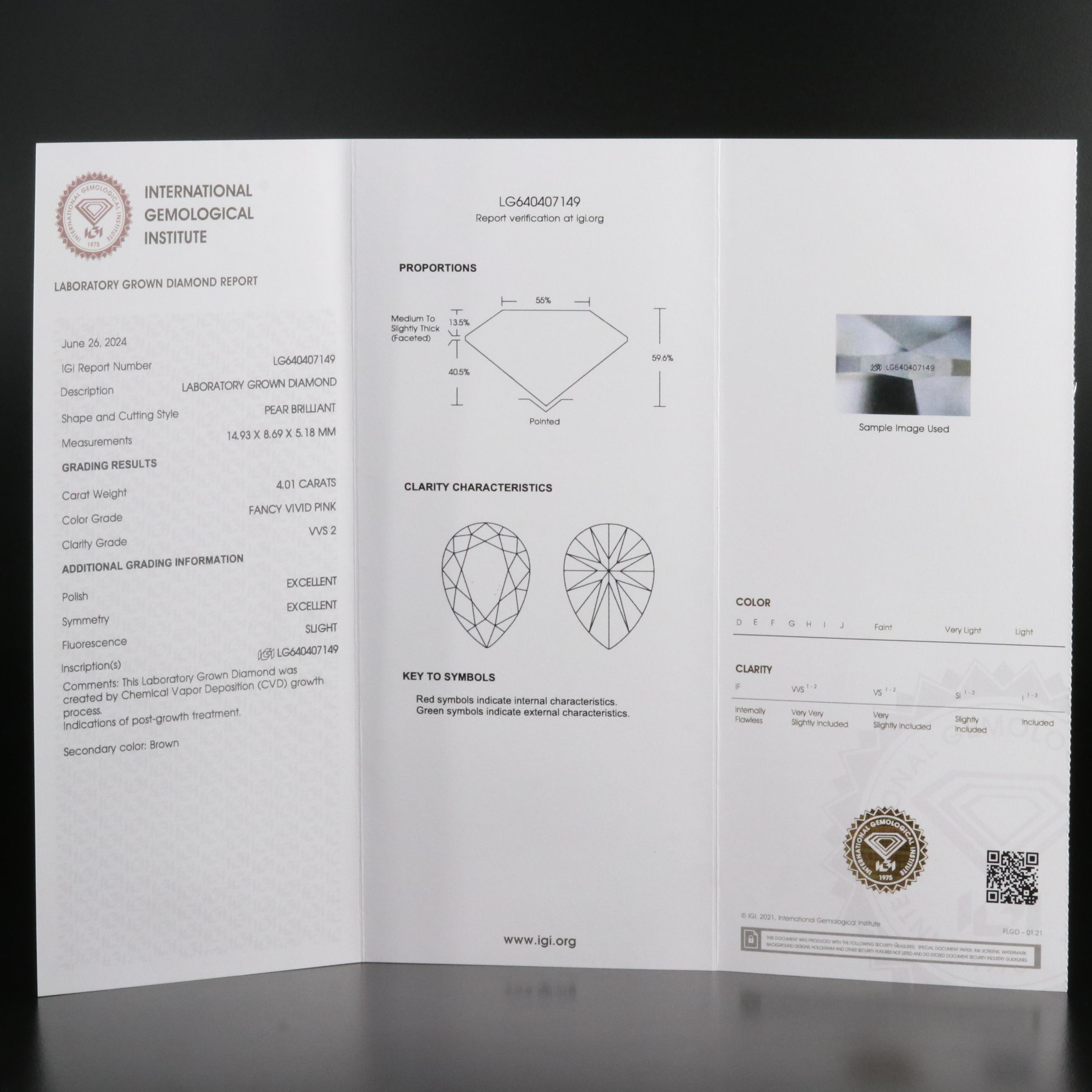 Loose 4.01 CT Lab Grown Fancy Vivid Pink Diamond with IGI Report