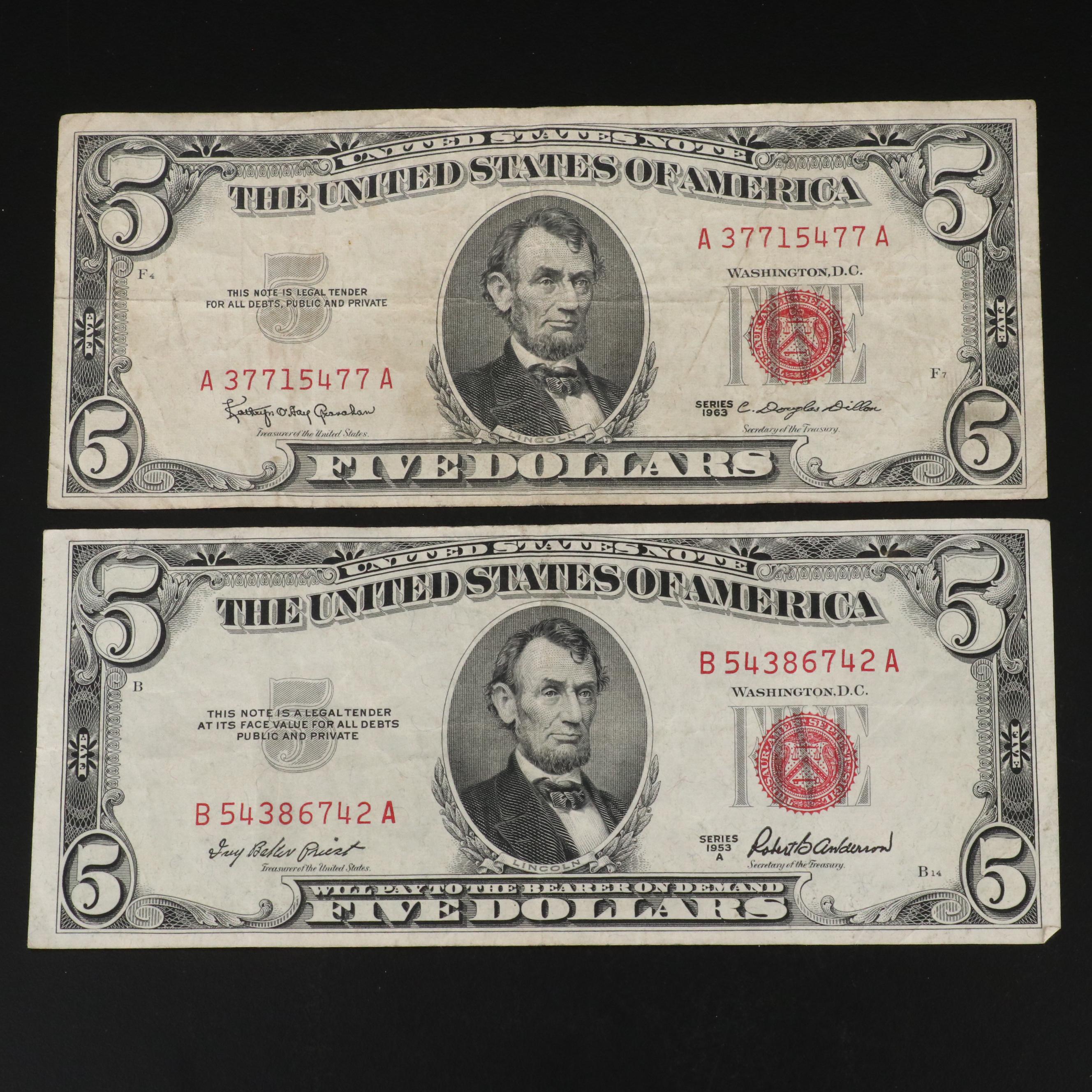 Collection of Seventeen Five Dollar Silver Certificates and Legal Tender Notes