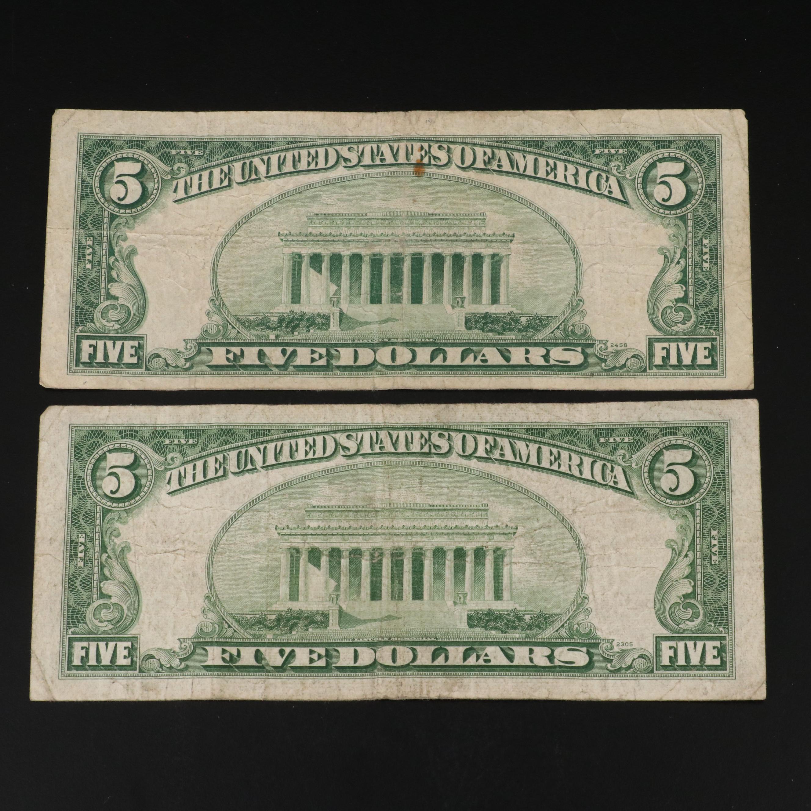 Collection of Seventeen Five Dollar Silver Certificates and Legal Tender Notes