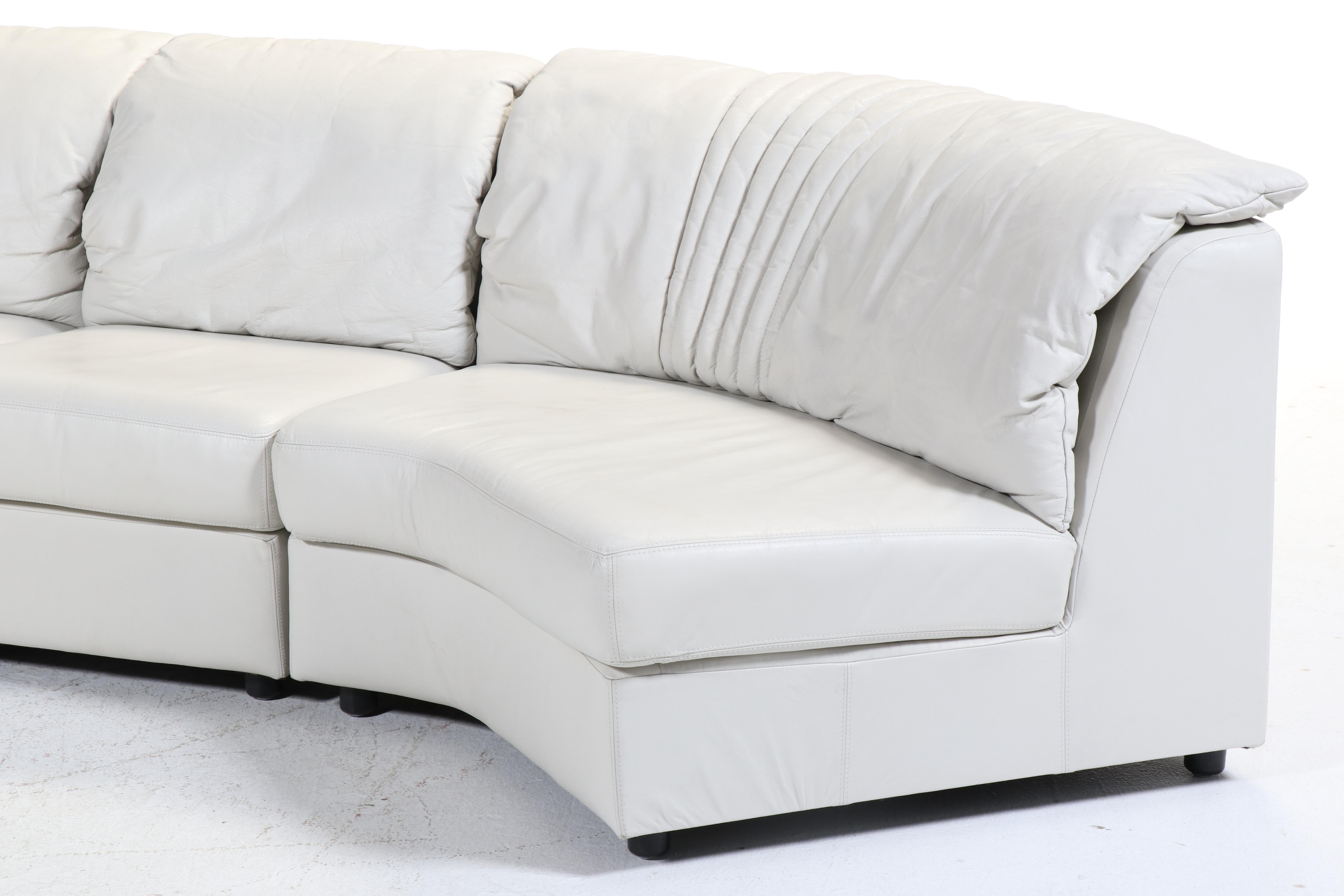 Deco Revival White Leather Upholstered Four-Piece Sectional Sofa, Late 20th C.