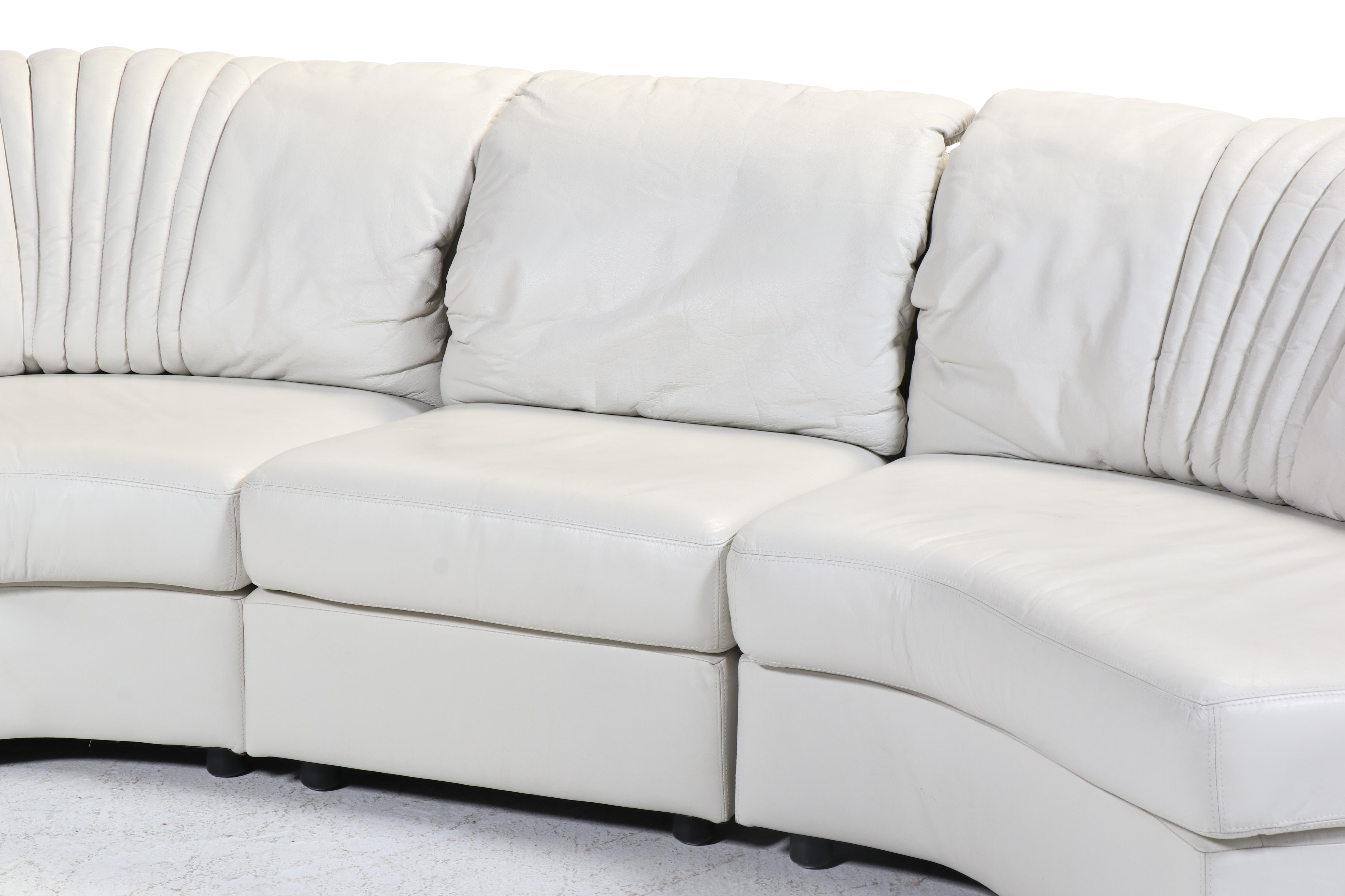 Deco Revival White Leather Upholstered Four-Piece Sectional Sofa, Late 20th C.