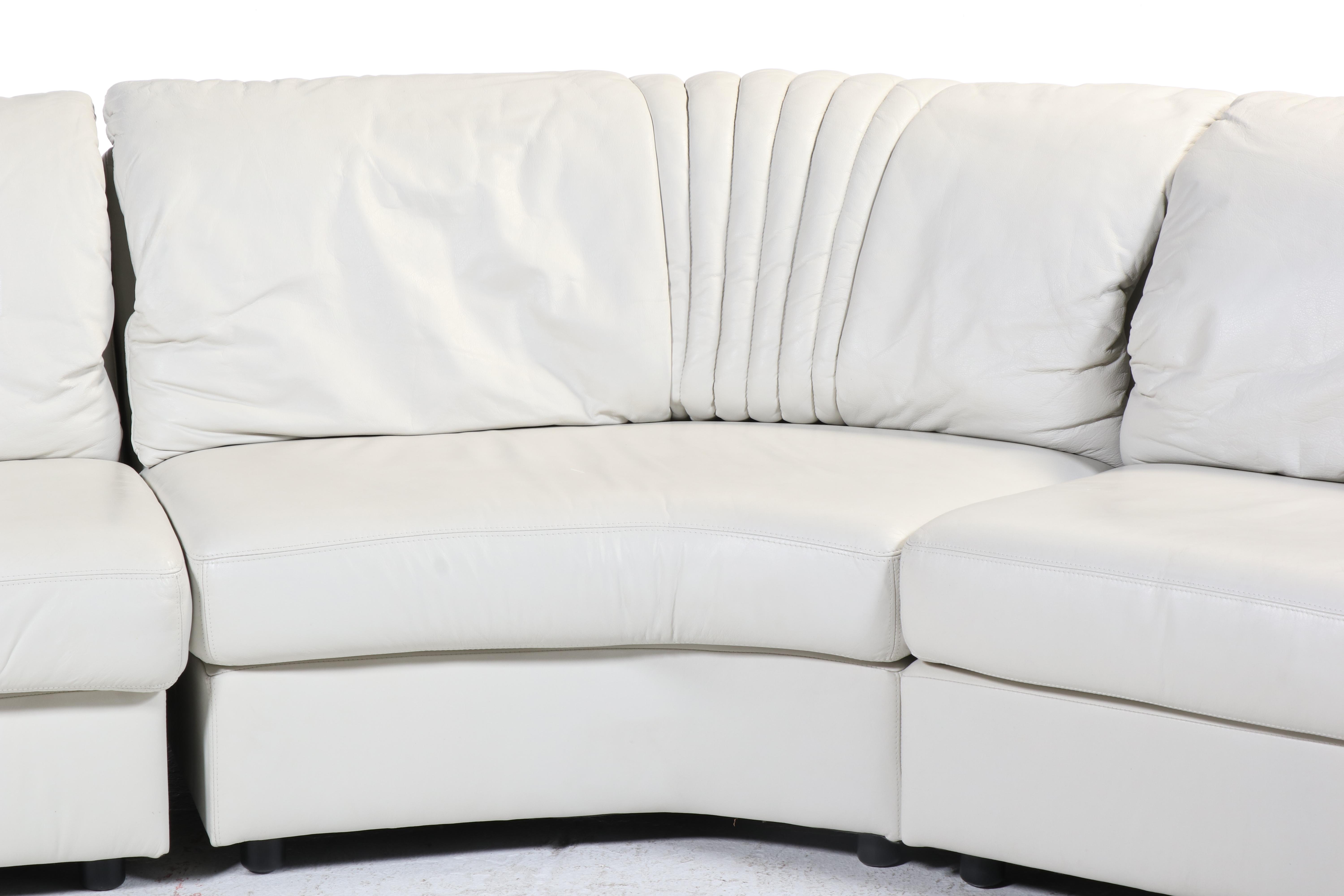 Deco Revival White Leather Upholstered Four-Piece Sectional Sofa, Late 20th C.