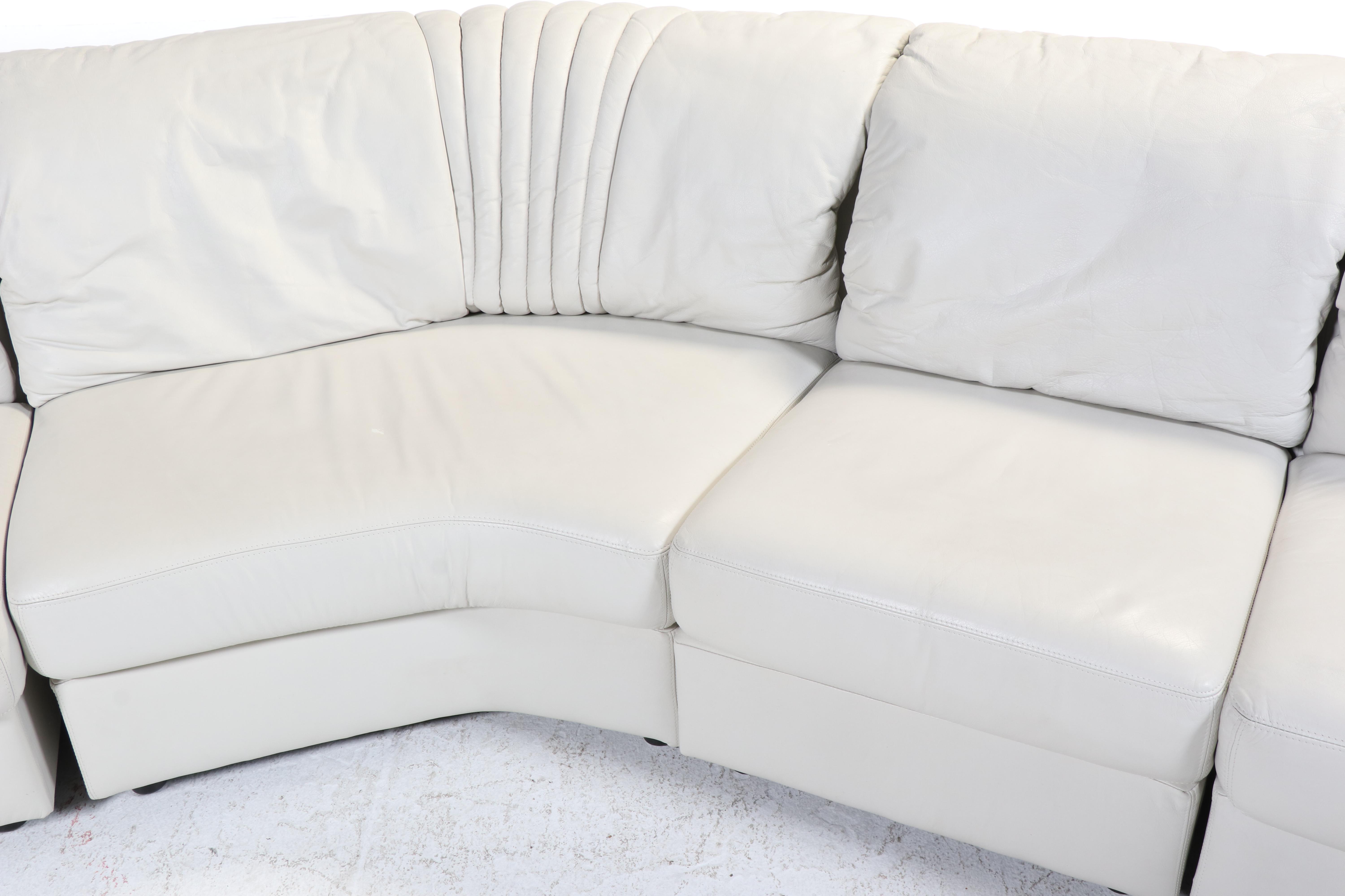 Deco Revival White Leather Upholstered Four-Piece Sectional Sofa, Late 20th C.