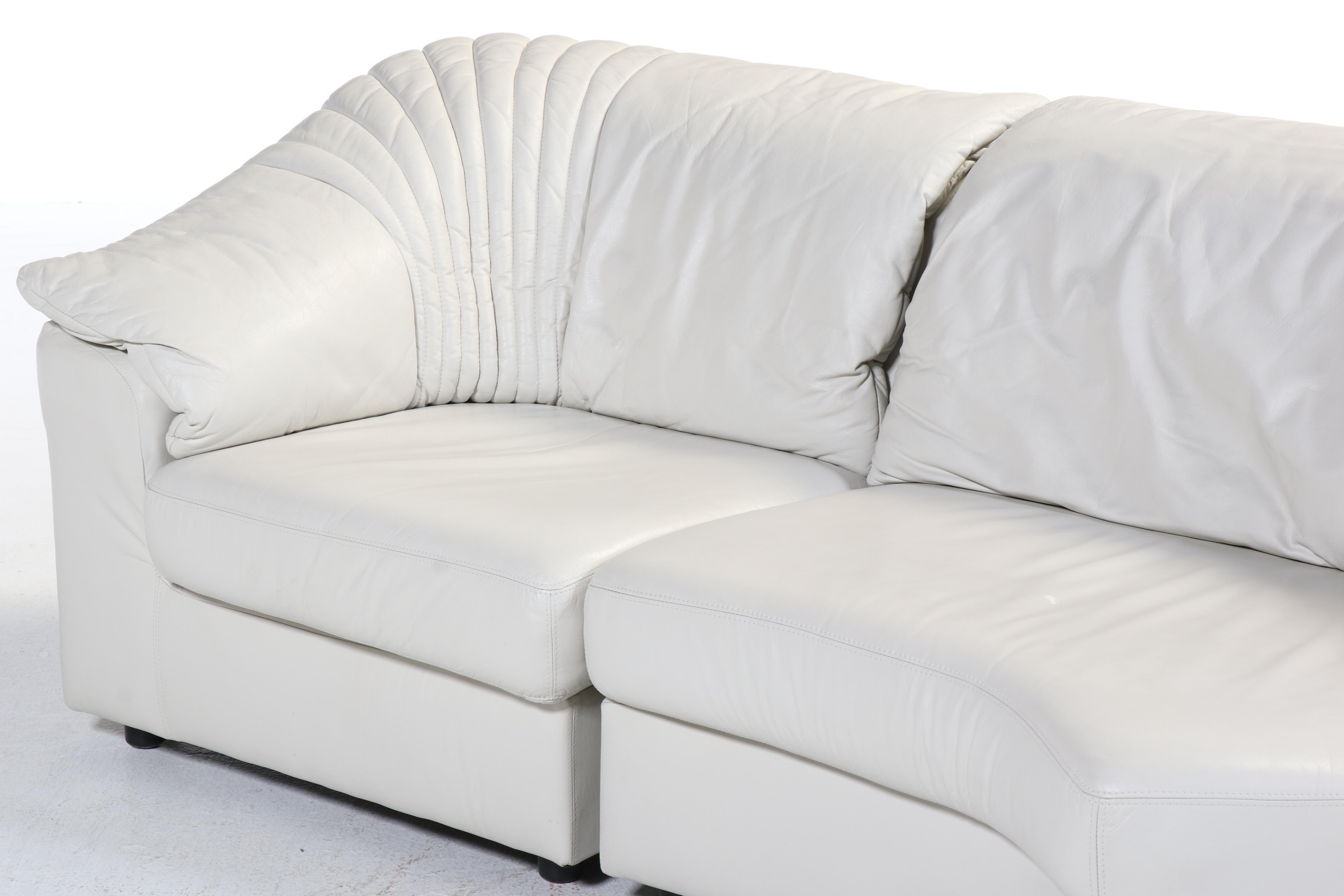Deco Revival White Leather Upholstered Four-Piece Sectional Sofa, Late 20th C.