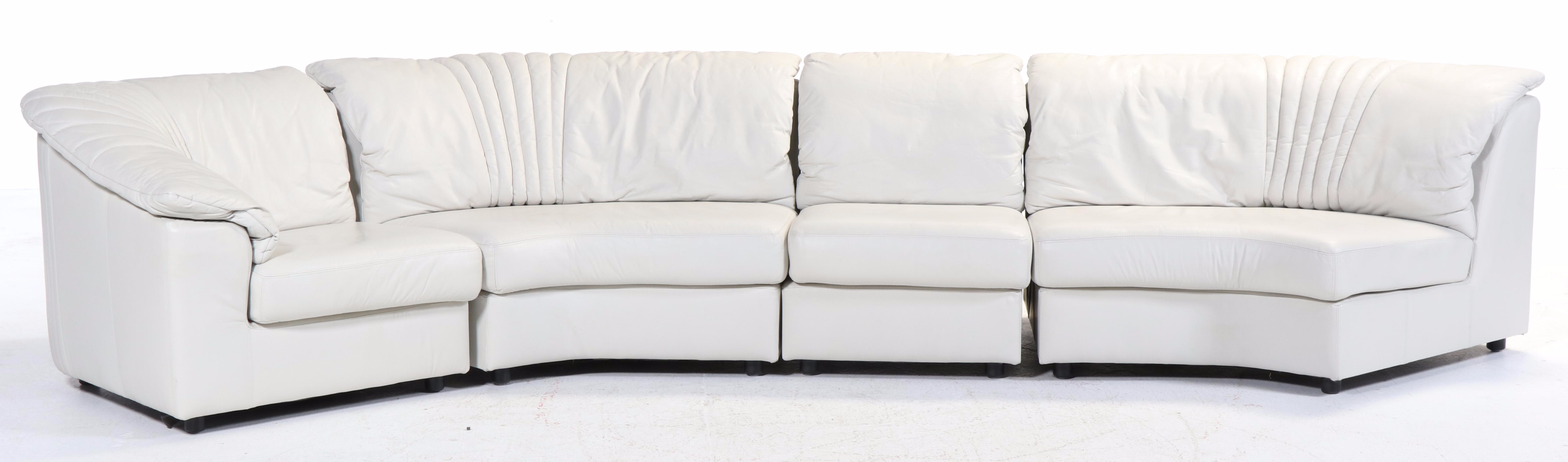 Deco Revival White Leather Upholstered Four-Piece Sectional Sofa, Late 20th C.