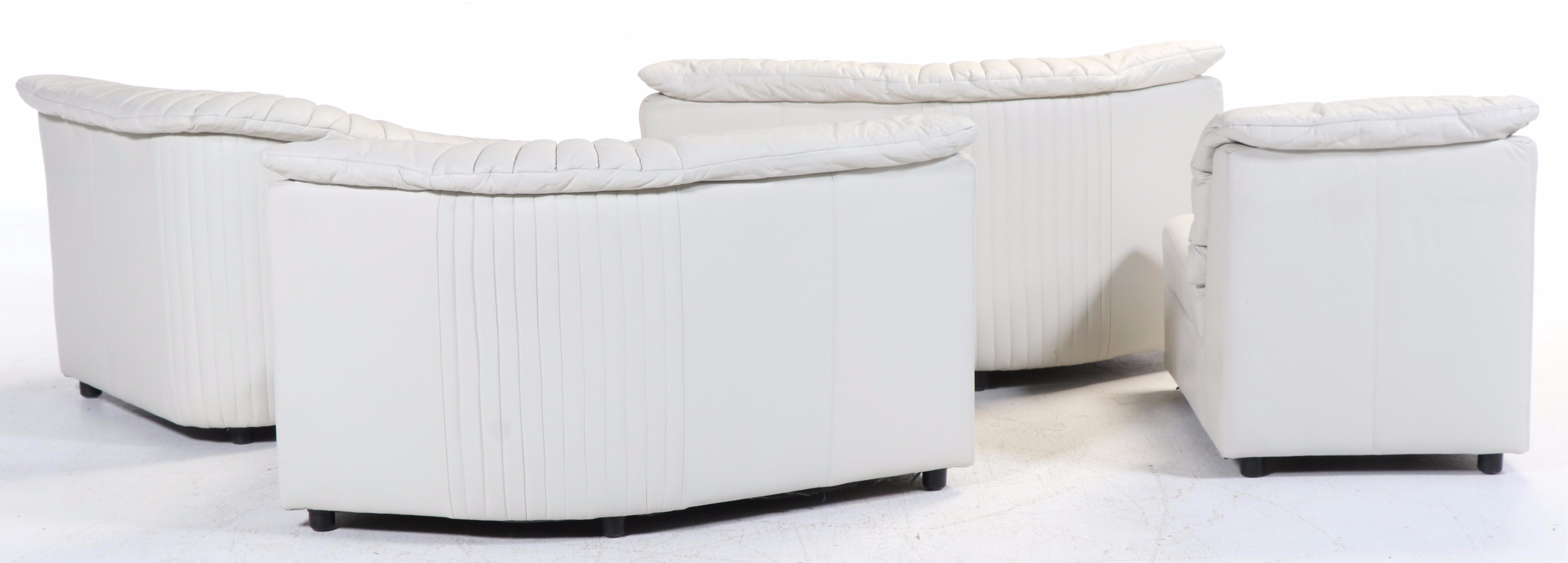 Deco Revival White Leather Upholstered Four-Piece Sectional Sofa, Late 20th C.