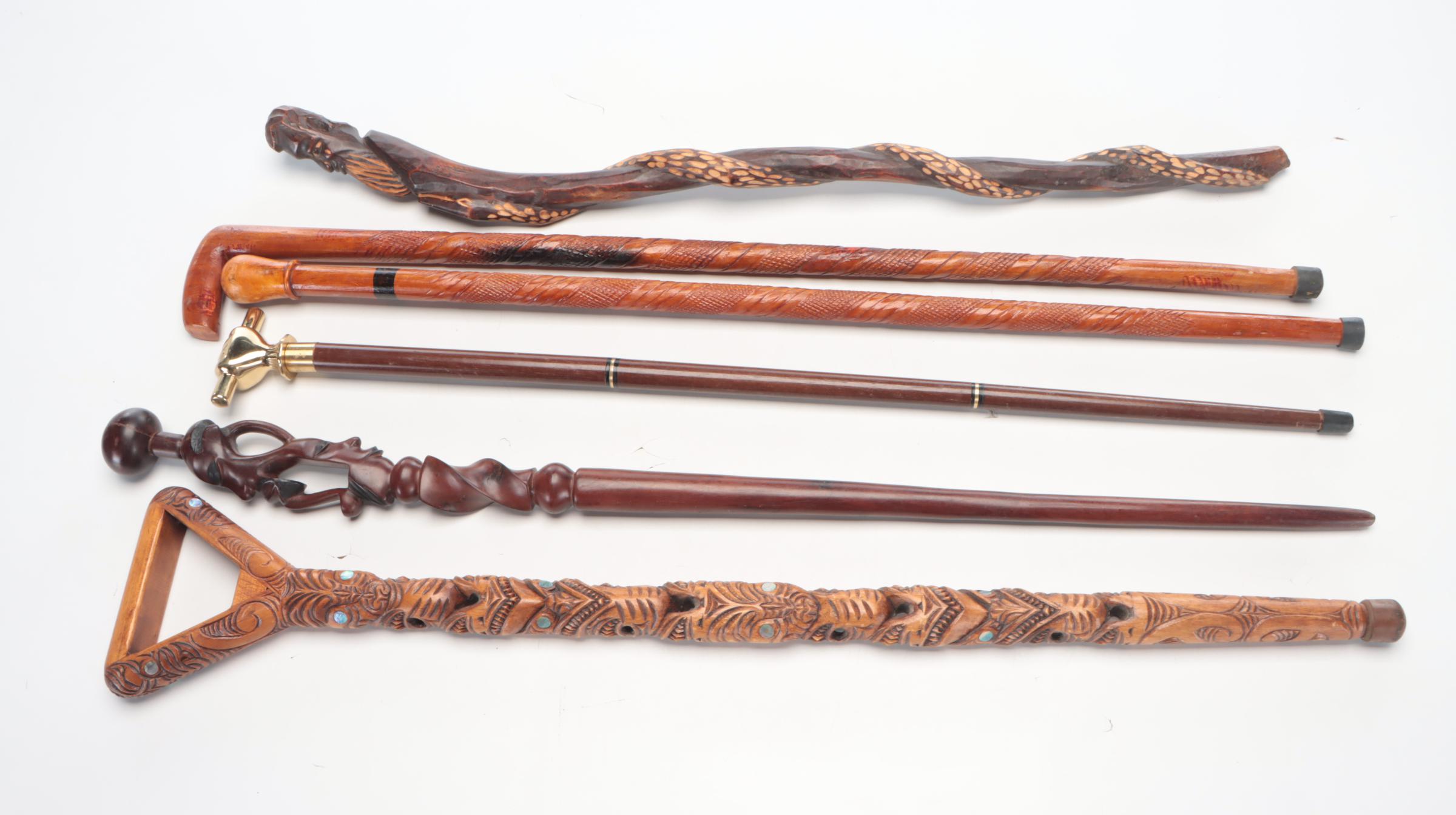 Carved Wood and Other Walking Sticks and Canes Featuring Abalone