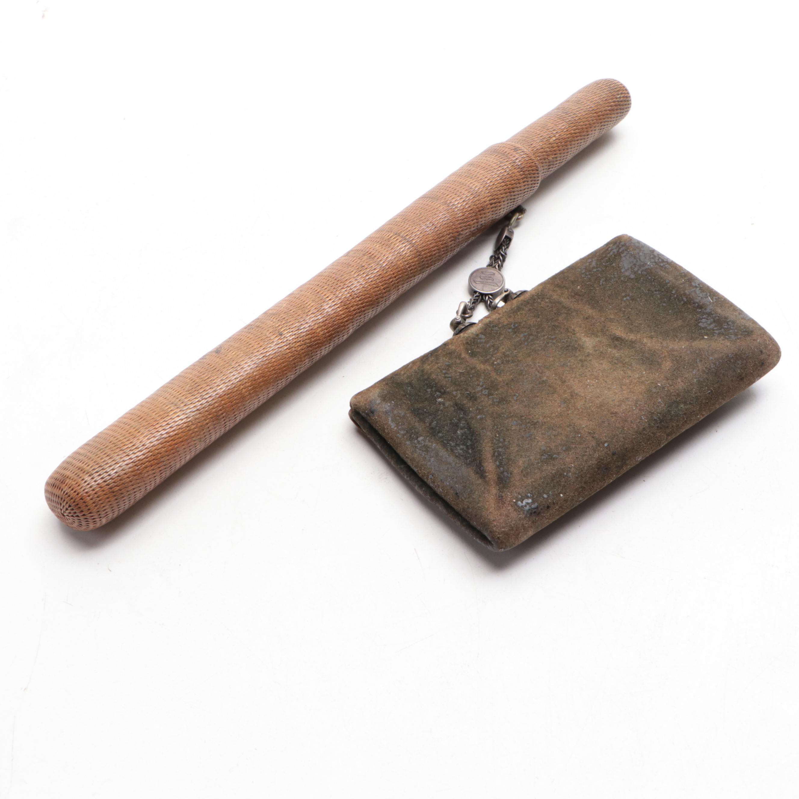 Japanese Meiji Period Bamboo/Brass Kiseru, Leather Case, and Tobacco Pouch