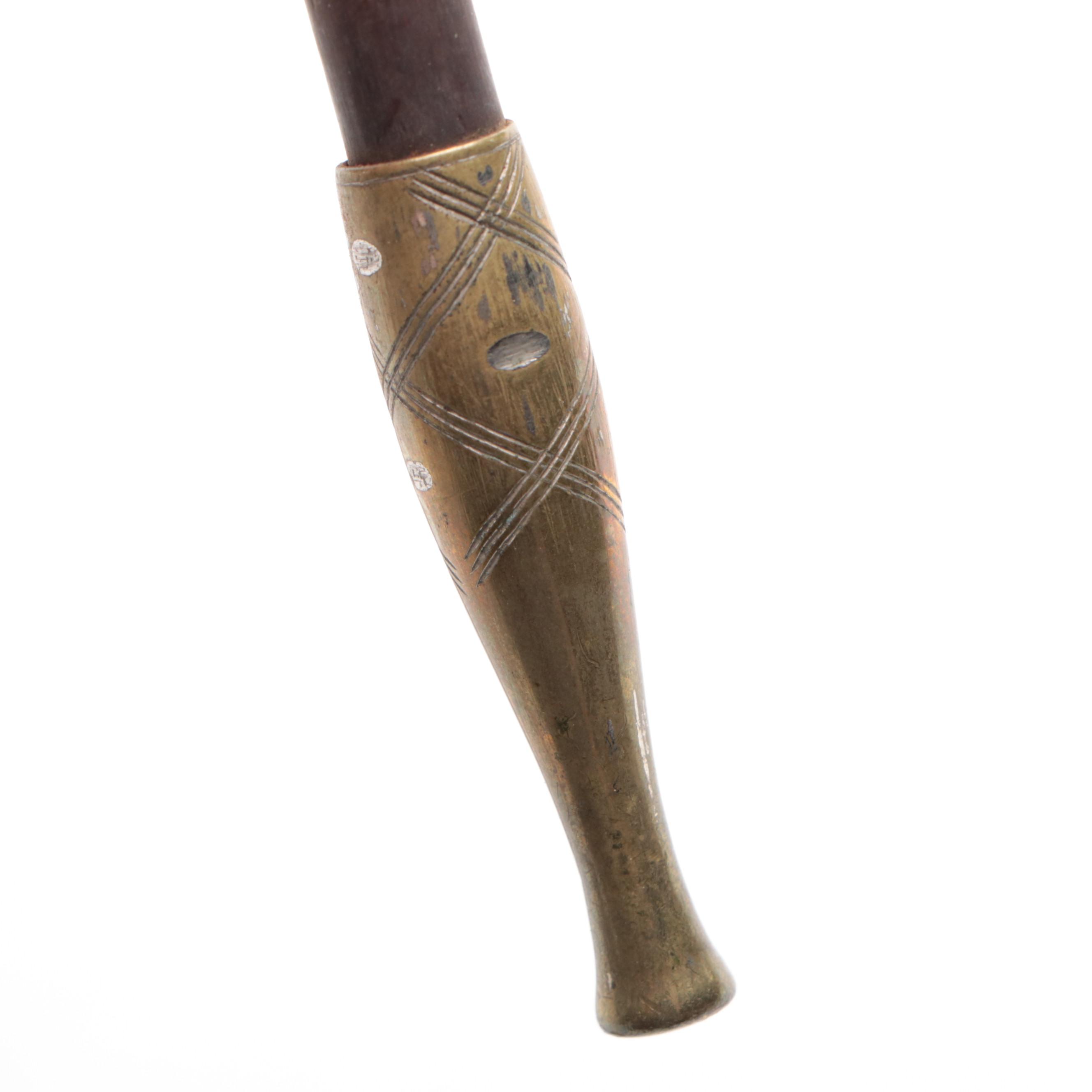 Japanese Meiji Period Bamboo/Brass Kiseru, Leather Case, and Tobacco Pouch