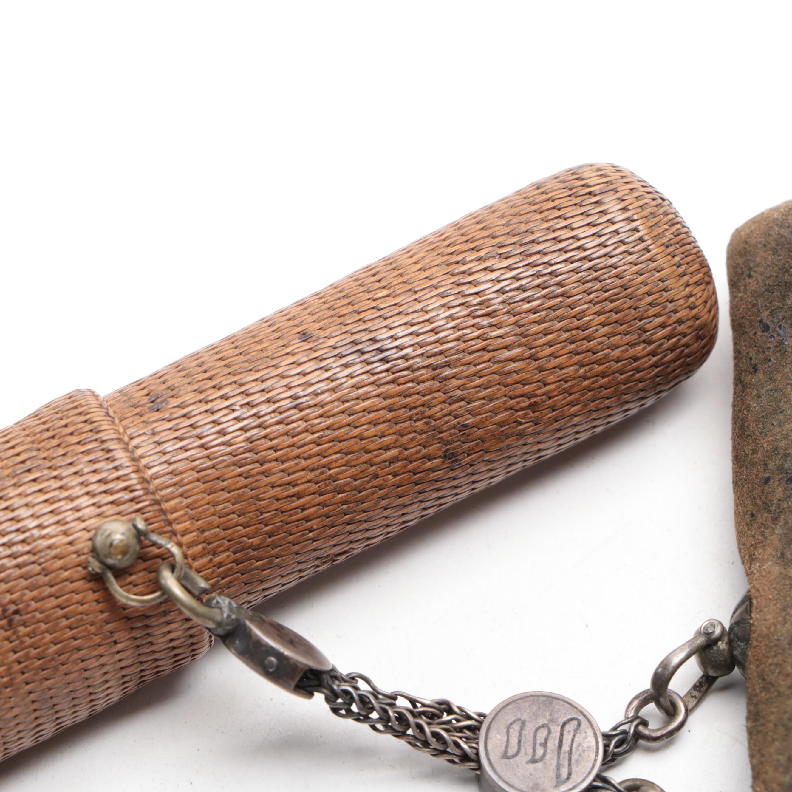 Japanese Meiji Period Bamboo/Brass Kiseru, Leather Case, and Tobacco Pouch