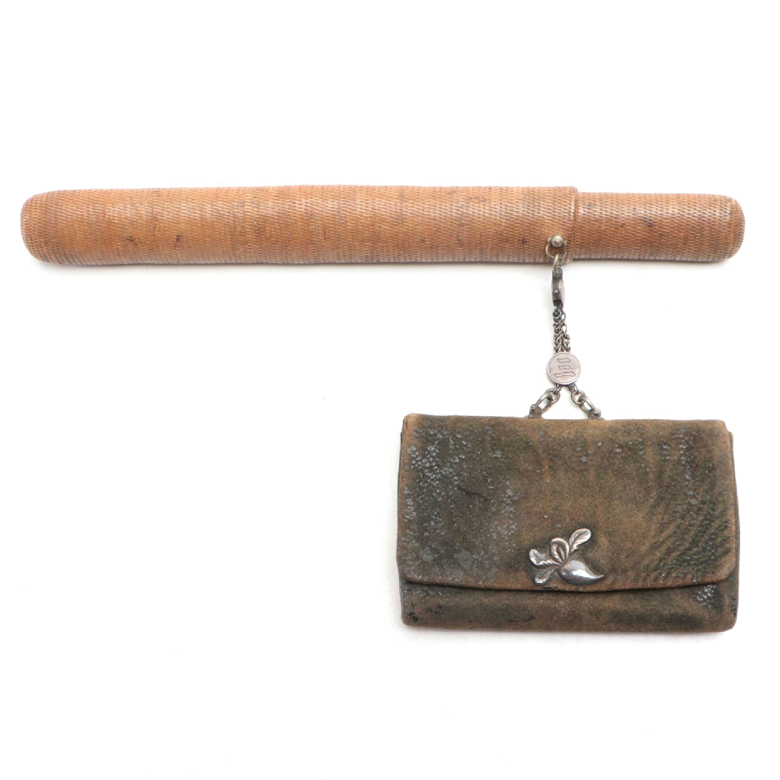 Japanese Meiji Period Bamboo/Brass Kiseru, Leather Case, and Tobacco Pouch