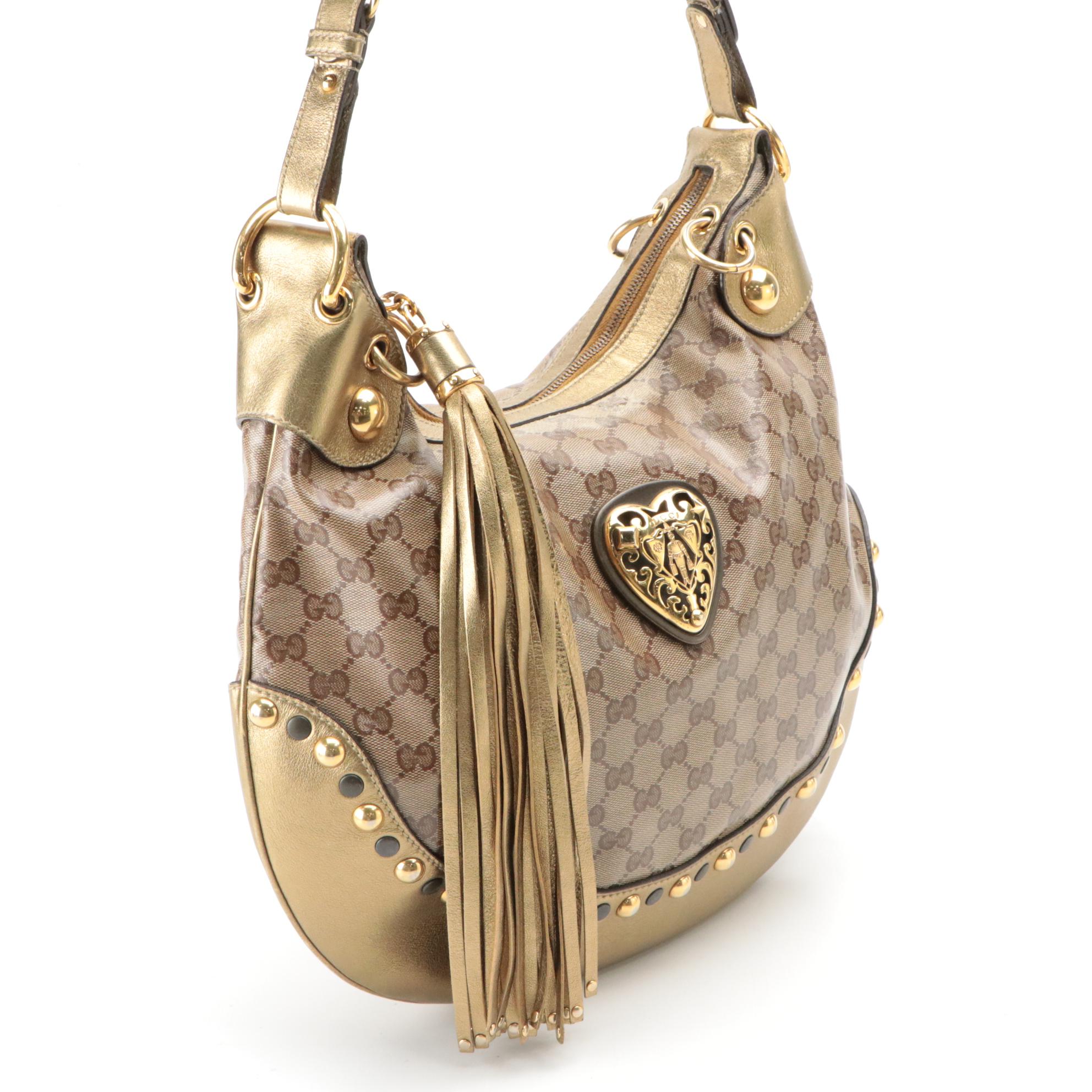 Gucci GG Signature and Studded Metallic Leather Babouska Hobo Bag with Tassel