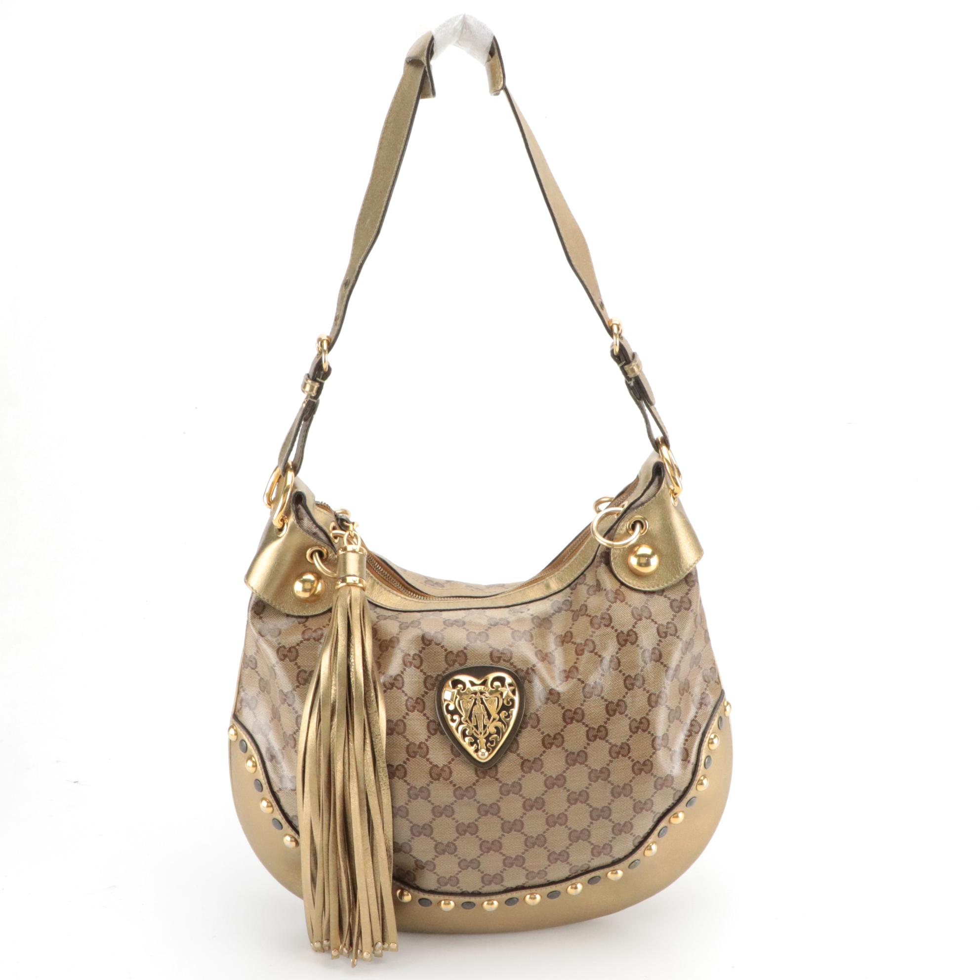 Gucci GG Signature and Studded Metallic Leather Babouska Hobo Bag with Tassel