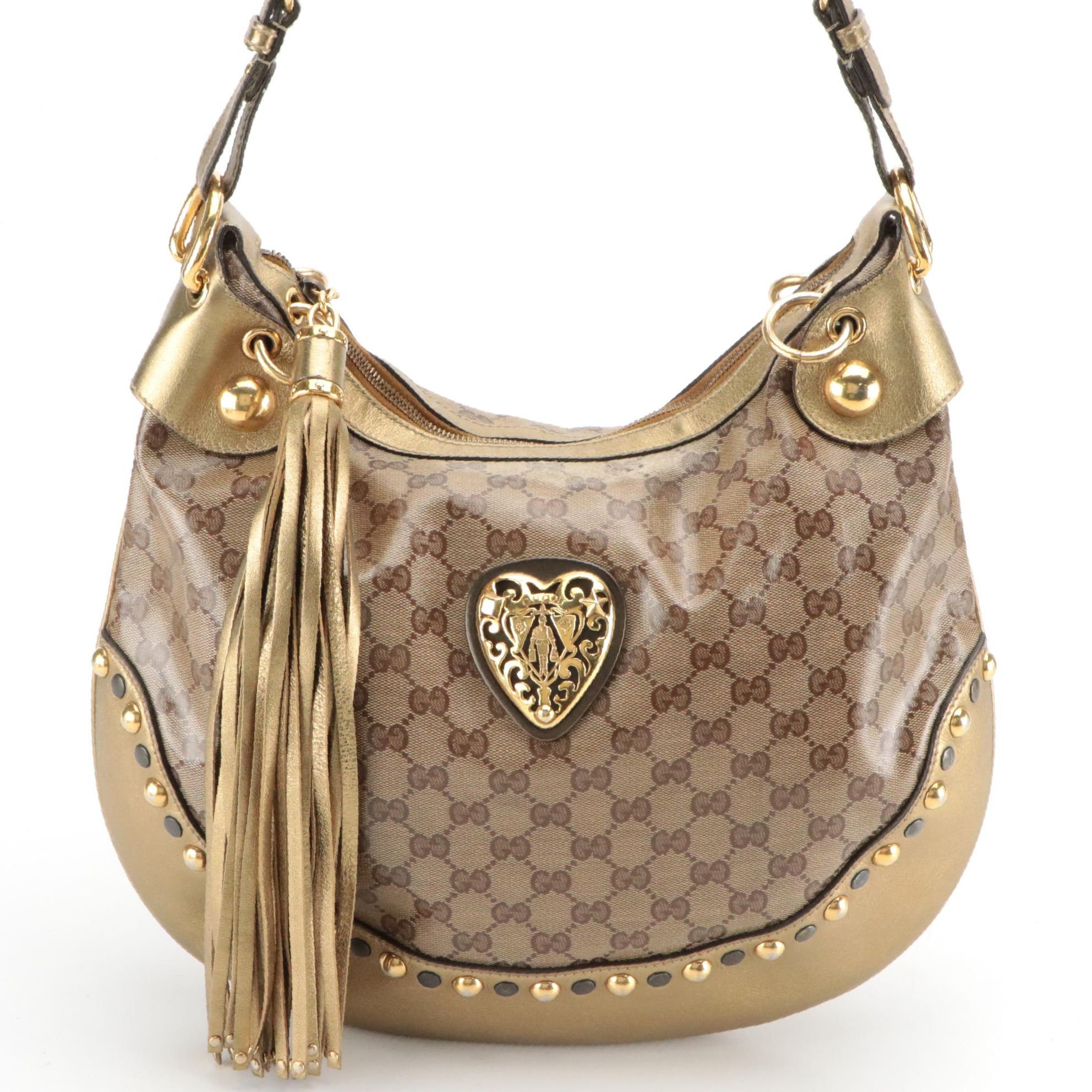 Gucci GG Signature and Studded Metallic Leather Babouska Hobo Bag with Tassel
