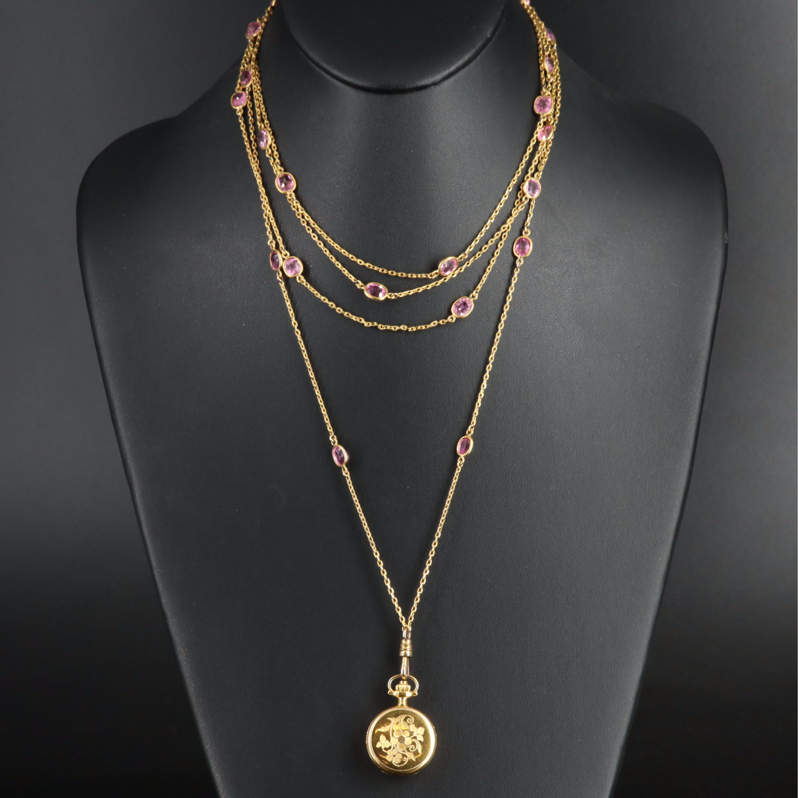 Antique 10K Tourmaline Station Watch Chain with Bucherer Swiss Quartz Timepiece