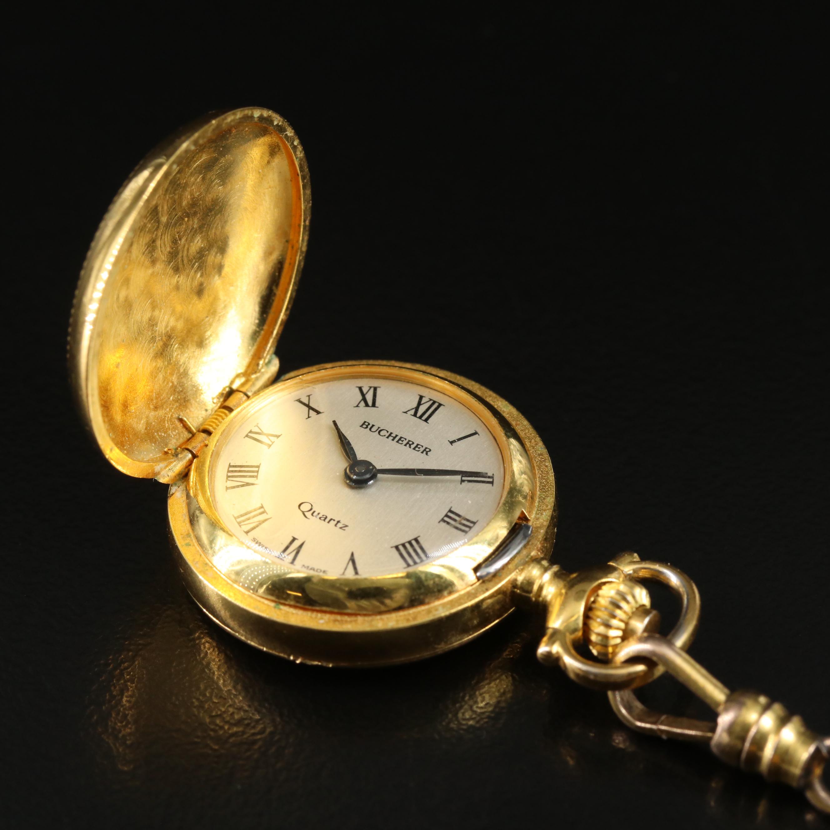 Antique 10K Tourmaline Station Watch Chain with Bucherer Swiss Quartz Timepiece