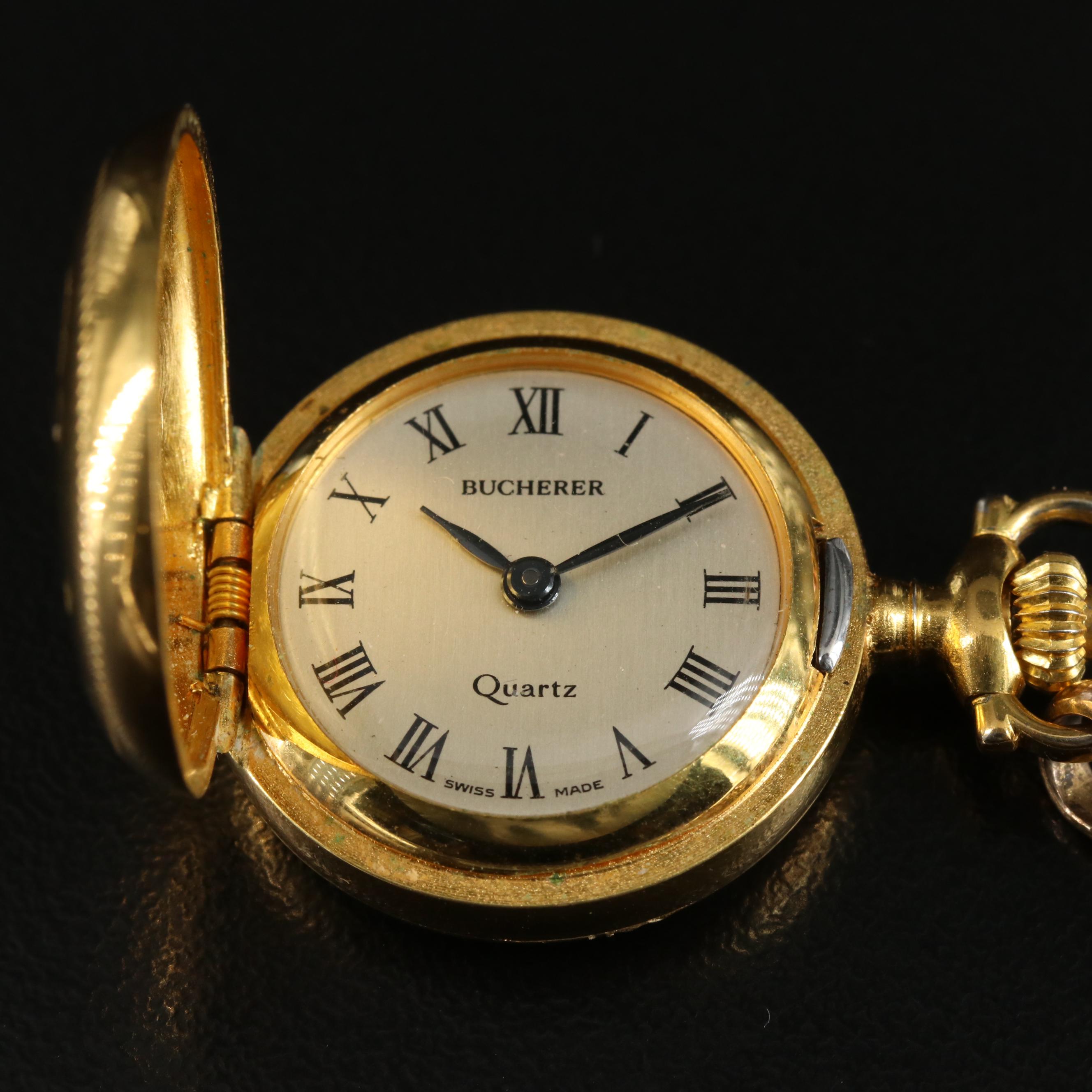 Antique 10K Tourmaline Station Watch Chain with Bucherer Swiss Quartz Timepiece