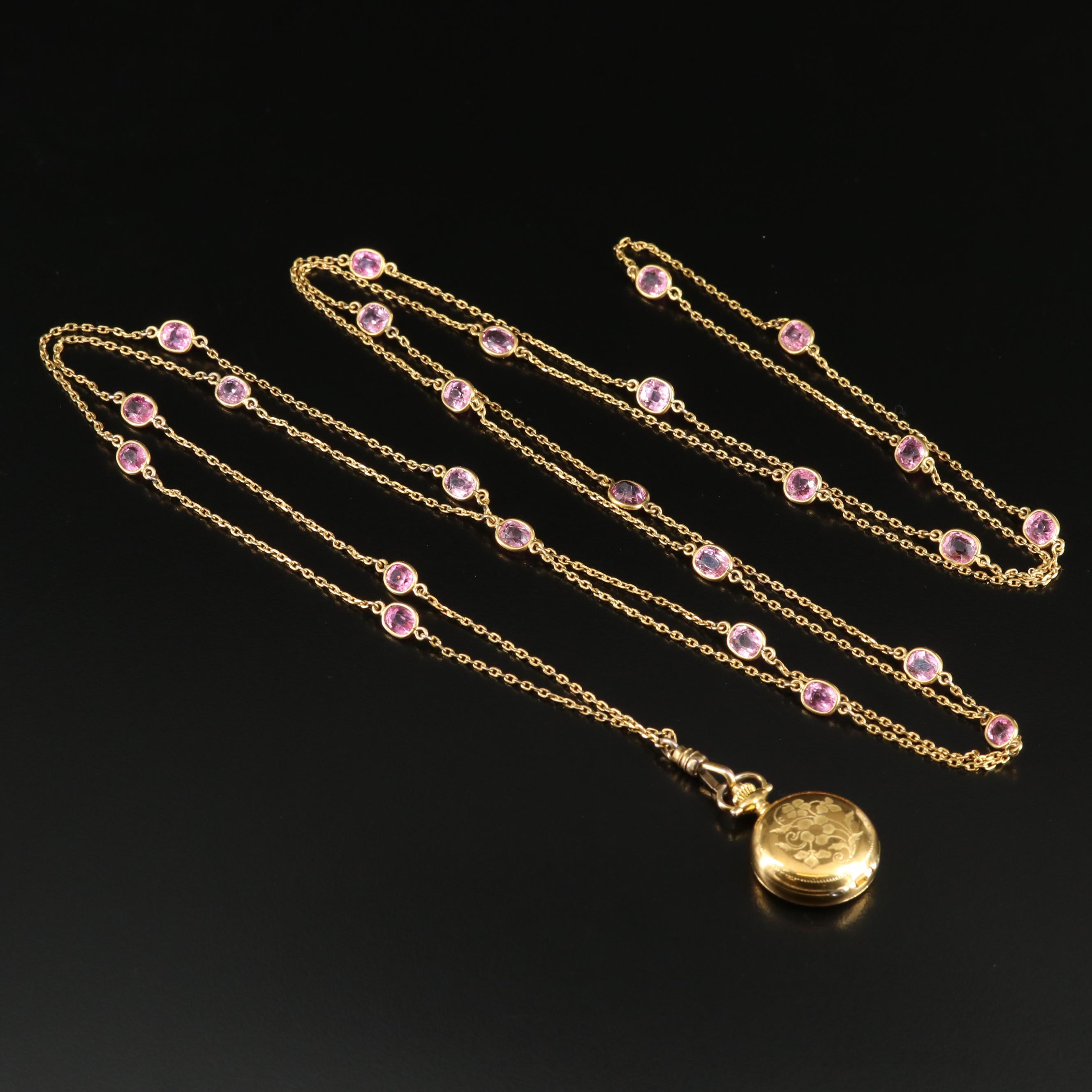 Antique 10K Tourmaline Station Watch Chain with Bucherer Swiss Quartz Timepiece